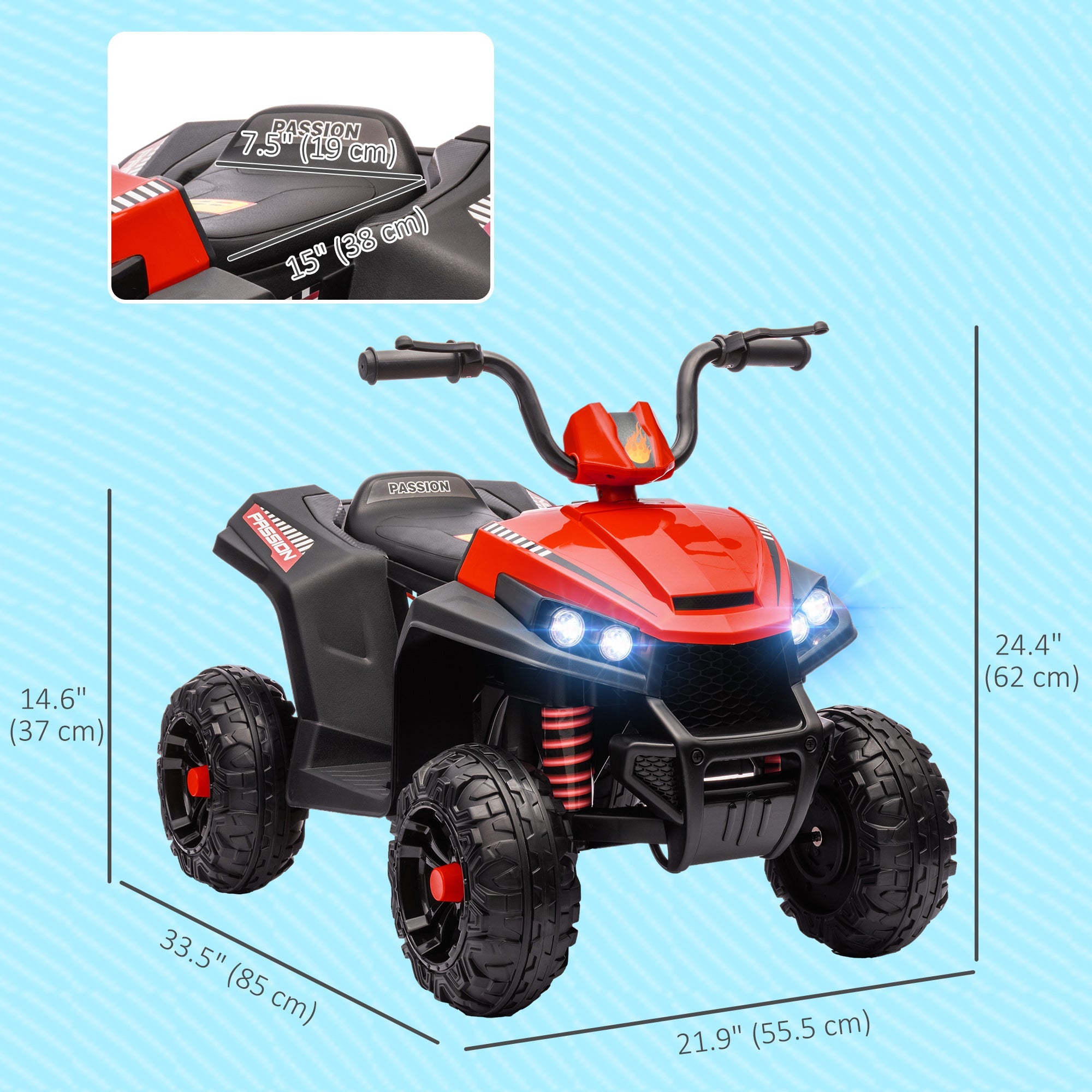 Qaba 12V Kids ATV with Four Wheels Spring Suspension, Forward & Backward, LED Light, MP3, Music, Red