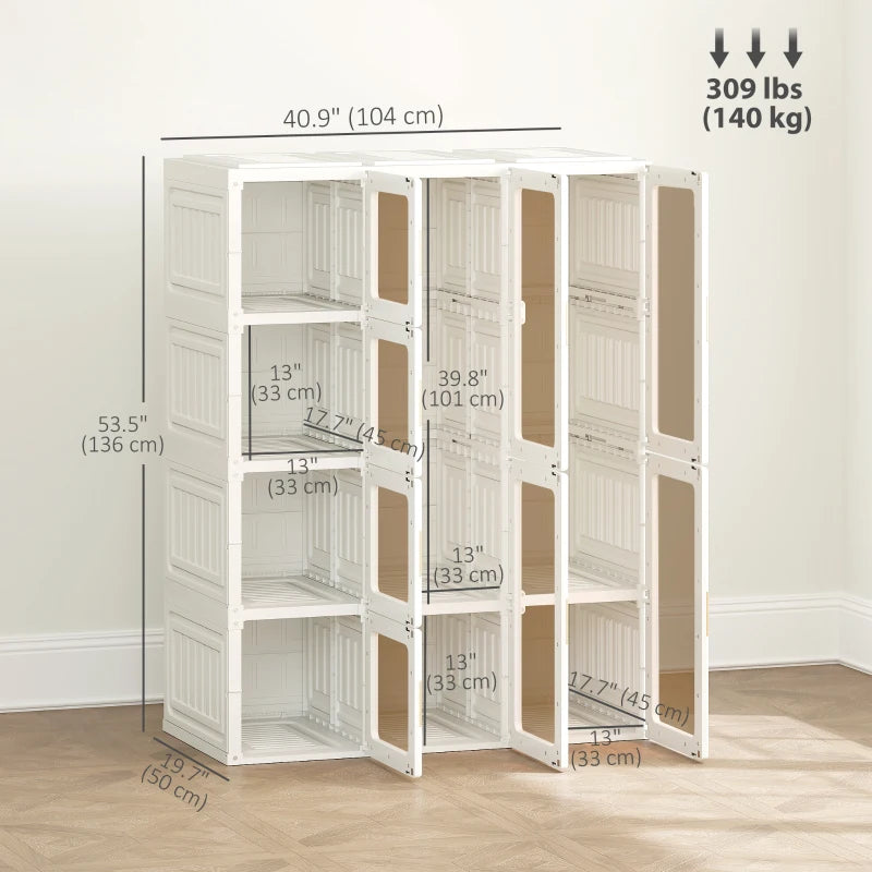 Portable Wardrobe, Foldable Plastic Closet with 8 Compartments, 2 Hanging Rods and Magnetic Clear Doors, Brown