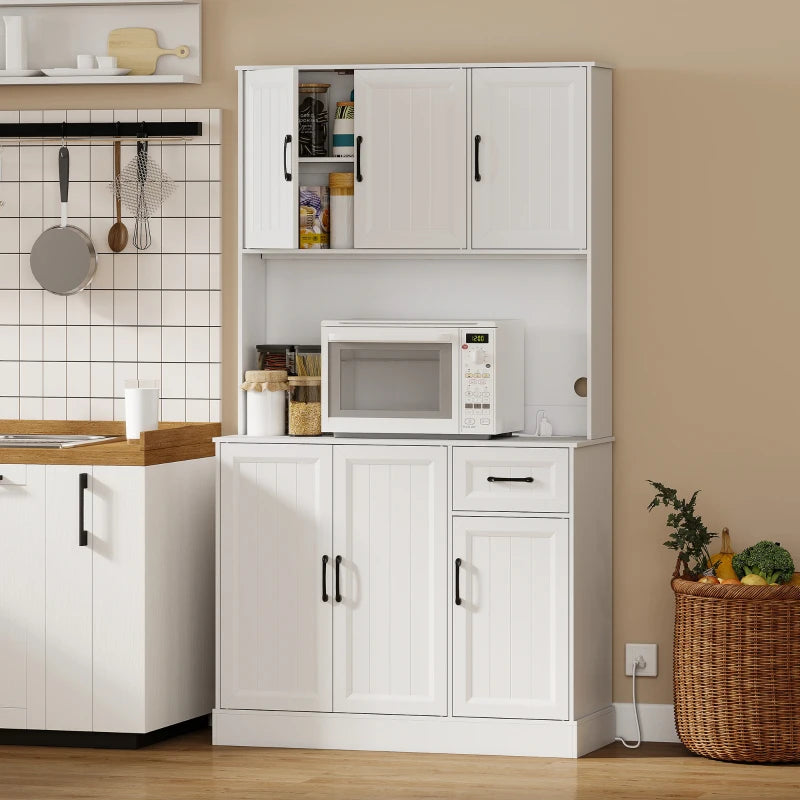 71" Pantry Cabinet with Charging Station, Kitchen Storage Cabinet with Microwave Stand, Adjustable Shelves, White