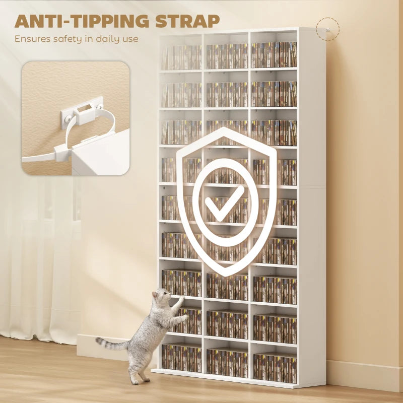 Media Storage Cabinet, 9-Tier DVD Shelf with 21 Adjustable Shelves, Holds 835 CDs, 500 DVDs or 640 Blu-rays, White