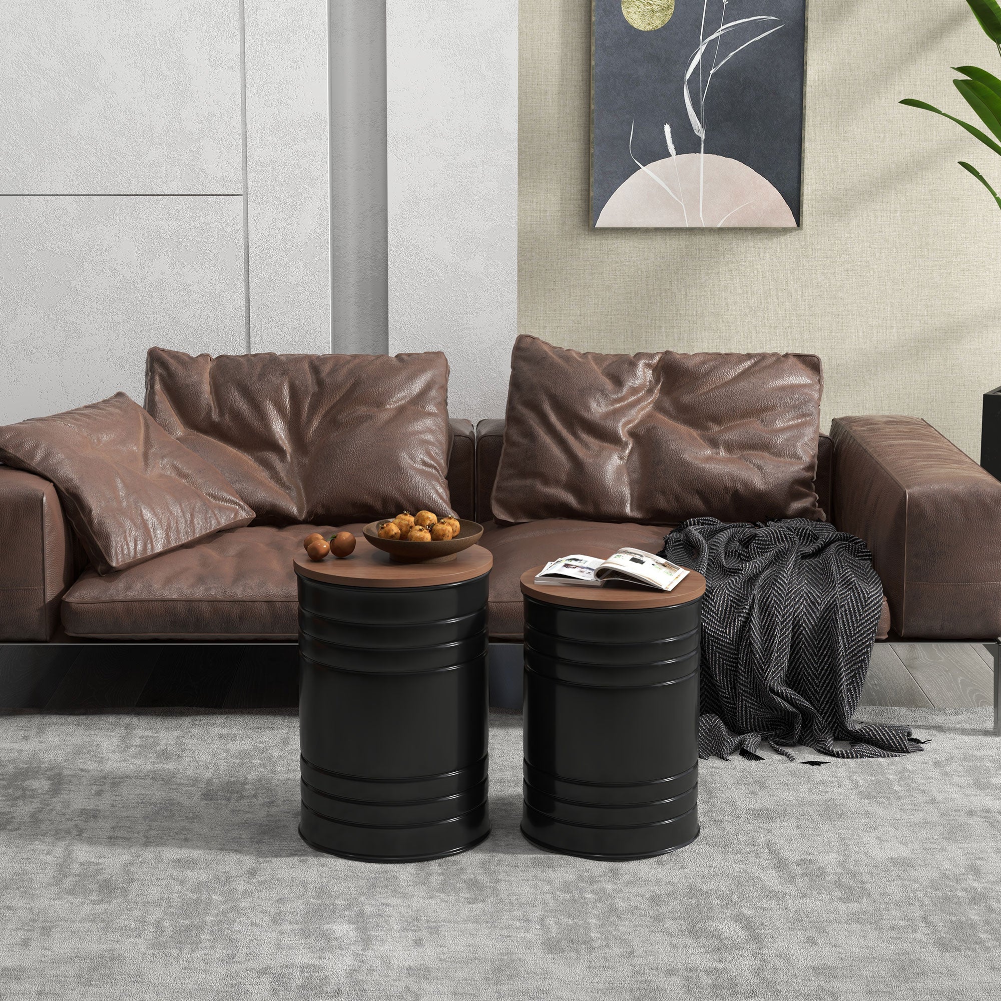 HOMCOM 2 Piece Round Side Table Set Nesting Coffee Tables Wooden Top Metal Frame Hidden Storage Bedroom Furniture