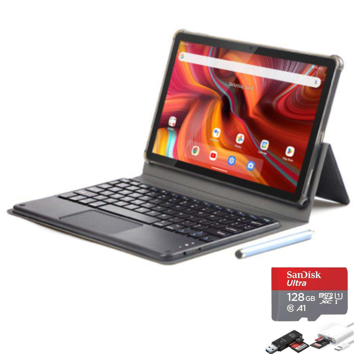 TUTT 2 in 1 Pro 10.1” Tablet LTE 4G SIM card 5G WiFi FHD Android 13 with Keyboard, Case, Stylus, 128GB +12GB RAM, 13/5MP Dual Camera, Octa-Core CPU GPS | 128GB | English-Arabic Key