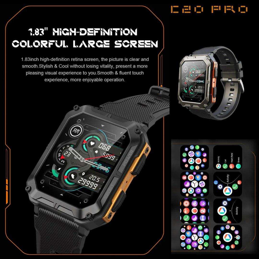 TUTT Smartwatch for Men Military Rugged | Speaker Pedometer IP68 Waterproof 1.83'' HD Tactical Smart Watch Fitness and Health Tracking Long Battery Life C20-Pro