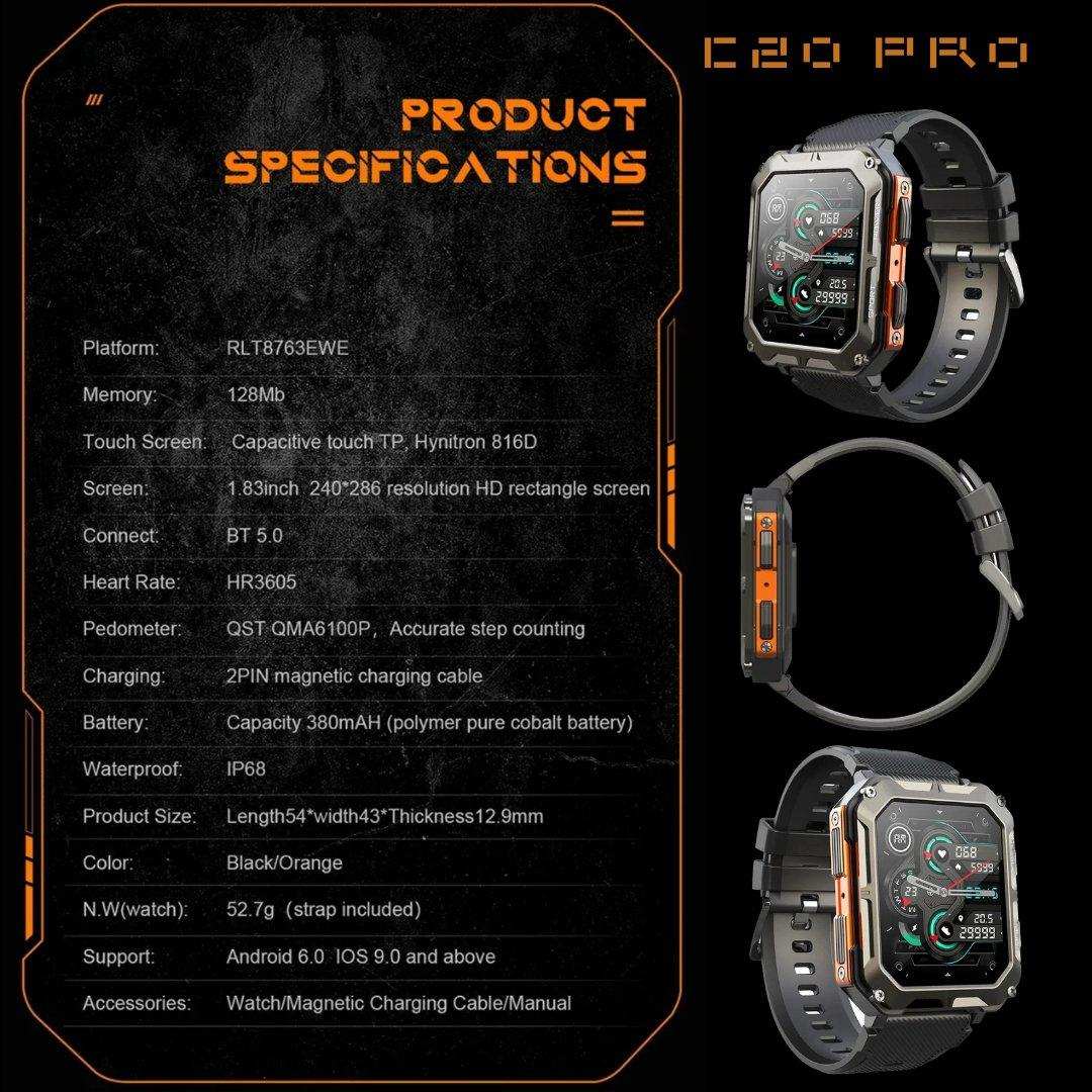 TUTT Smartwatch for Men Military Rugged | Speaker Pedometer IP68 Waterproof 1.83'' HD Tactical Smart Watch Fitness and Health Tracking Long Battery Life C20-Pro
