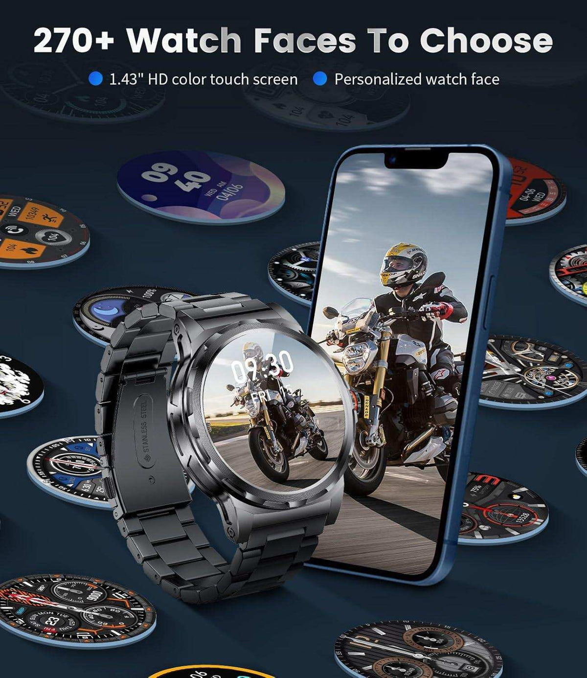 TUTT Smart Watch for Men AMOLED HD Screen Metal Case | 1.43'' Military Rugged IP68 Waterproof | Health and Fitness SL6 LIGE | Rubber & Metal