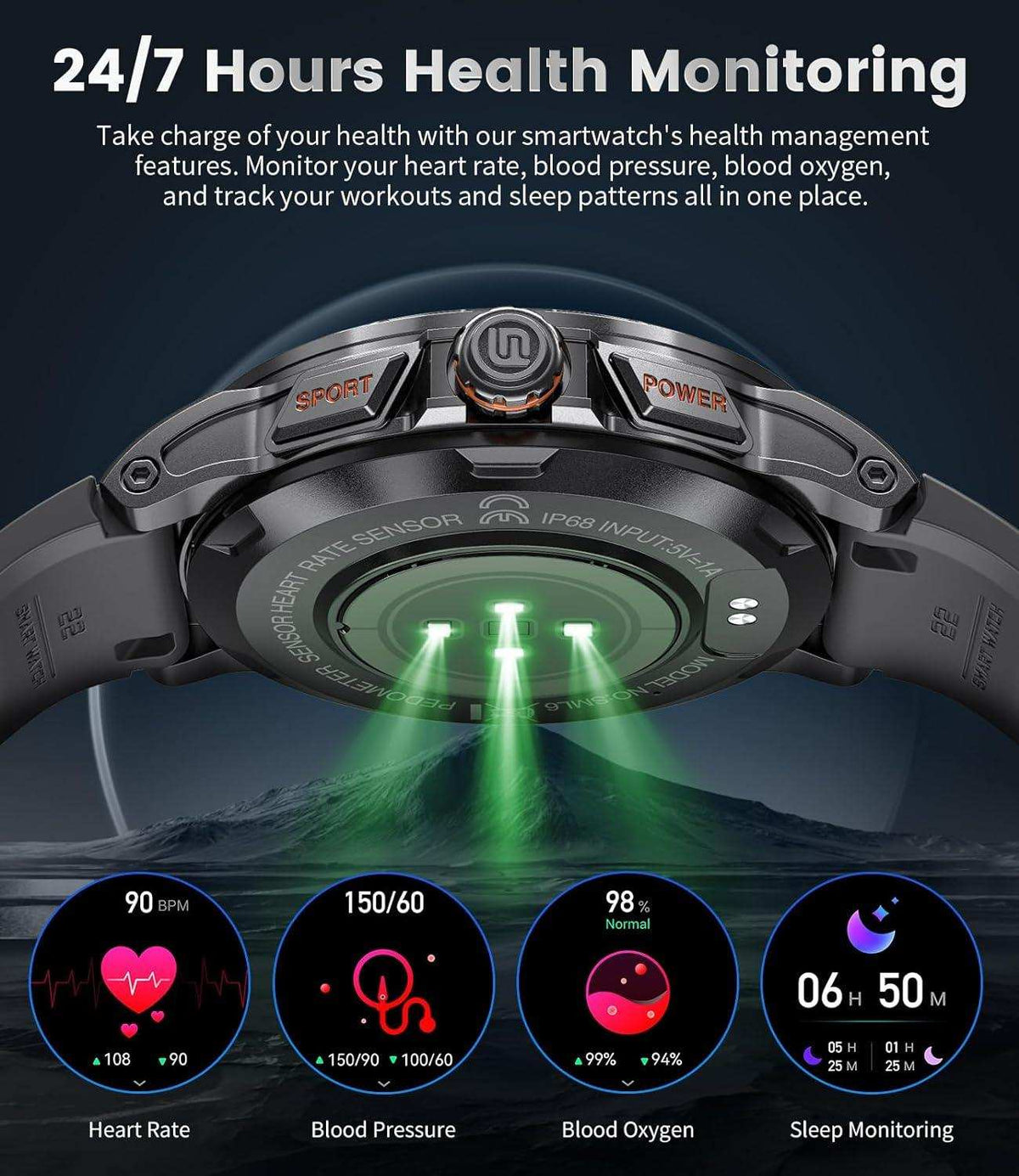 TUTT Smart Watch for Men AMOLED HD Screen Metal Case | 1.43'' Military Rugged IP68 Waterproof | Health and Fitness SL6 LIGE | Rubber & Metal