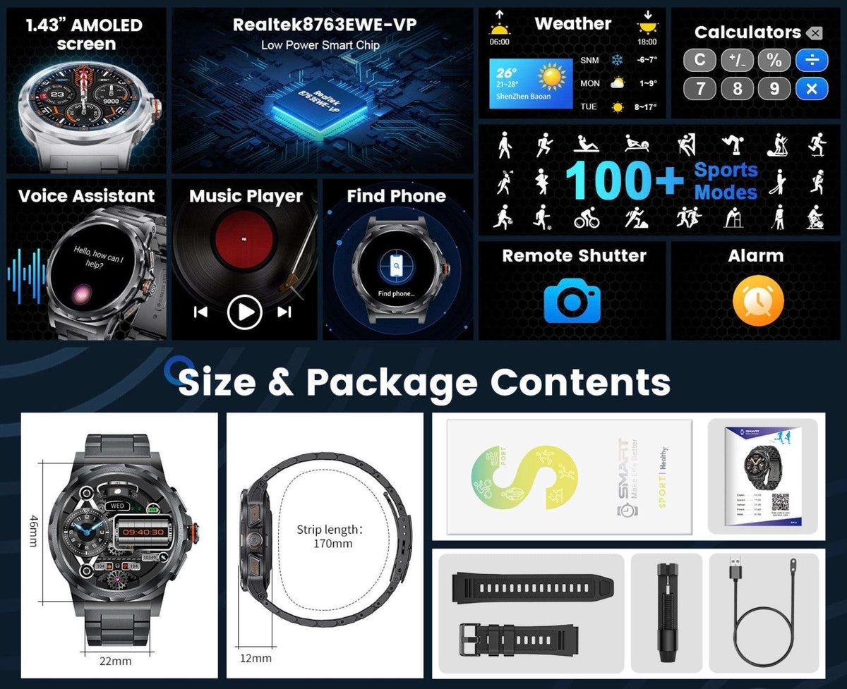 TUTT Smart Watch for Men AMOLED HD Screen Metal Case | 1.43'' Military Rugged IP68 Waterproof | Health and Fitness SL6 LIGE | Rubber & Metal