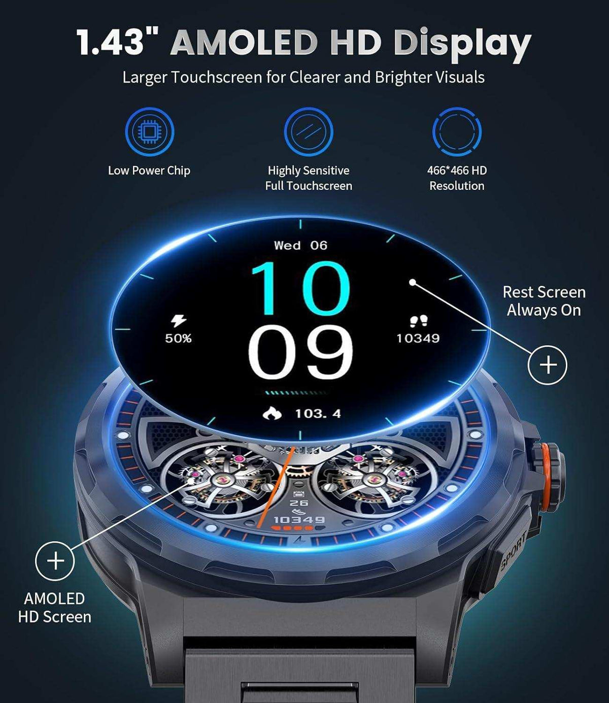 TUTT Smart Watch for Men AMOLED HD Screen Metal Case | 1.43'' Military Rugged IP68 Waterproof | Health and Fitness SL6 LIGE | Rubber & Metal