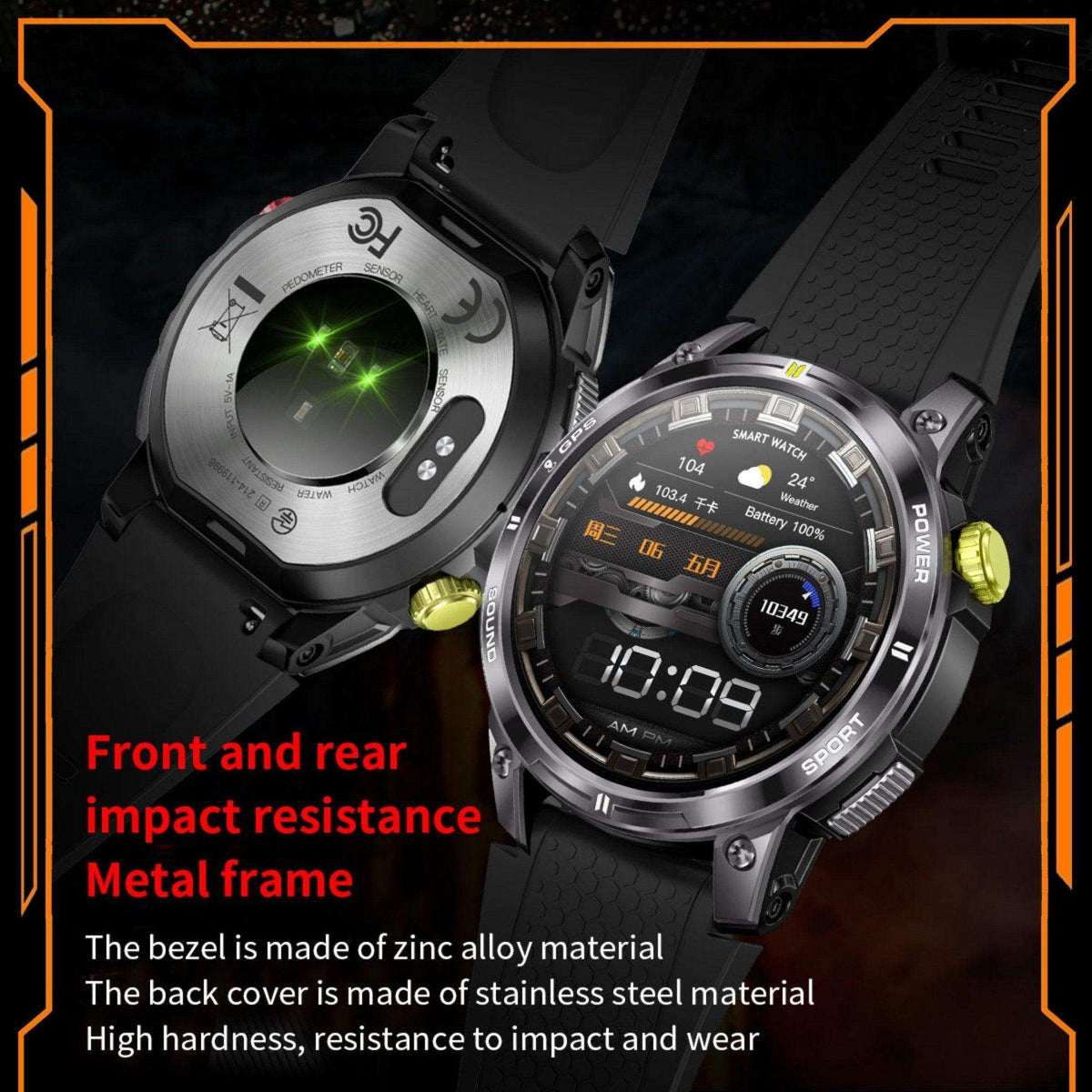 TUTT Rugged Smartwatch for Men Women | Compass GPS Exercise | AMOLED Metal Dial | 2 Military Straps | Always-On Display Long Battery Life | NX18 Pro