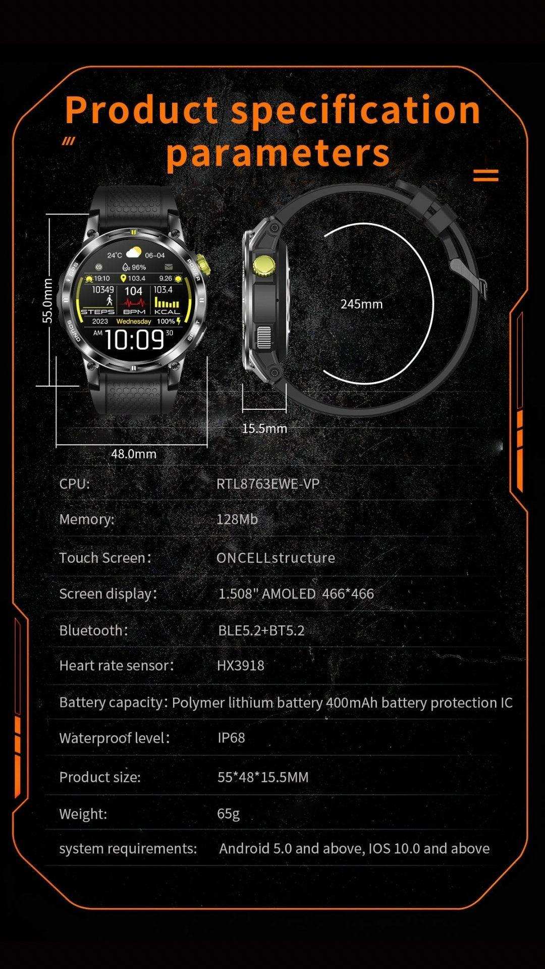 TUTT Rugged Smartwatch for Men Women | Compass GPS Exercise | AMOLED Metal Dial | 2 Military Straps | Always-On Display Long Battery Life | NX18 Pro