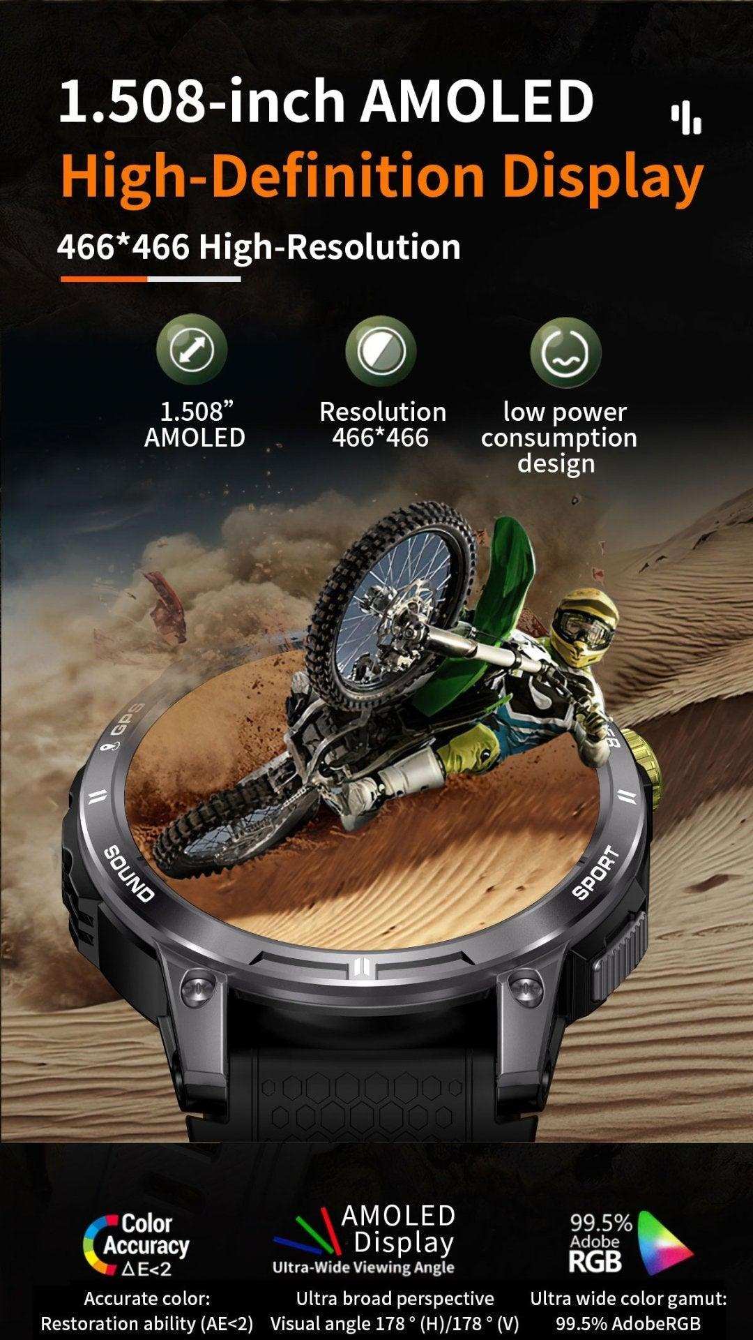 TUTT Rugged Smartwatch for Men Women | Compass GPS Exercise | AMOLED Metal Dial | 2 Military Straps | Always-On Display Long Battery Life | NX18 Pro