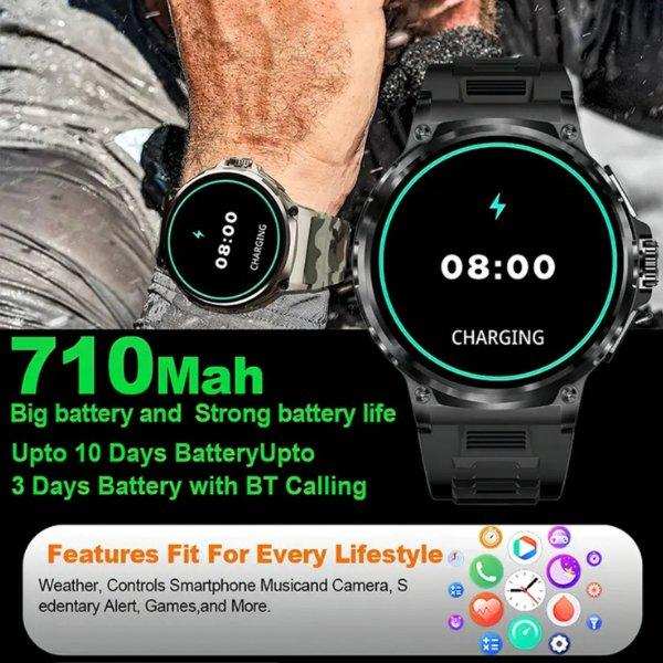 TUTT Military Smartwatch For Men | Metal Case HD 1.85'' Large Round Screen | 710mah Battery Health & Fitness Smart Watch (3) Straps V69