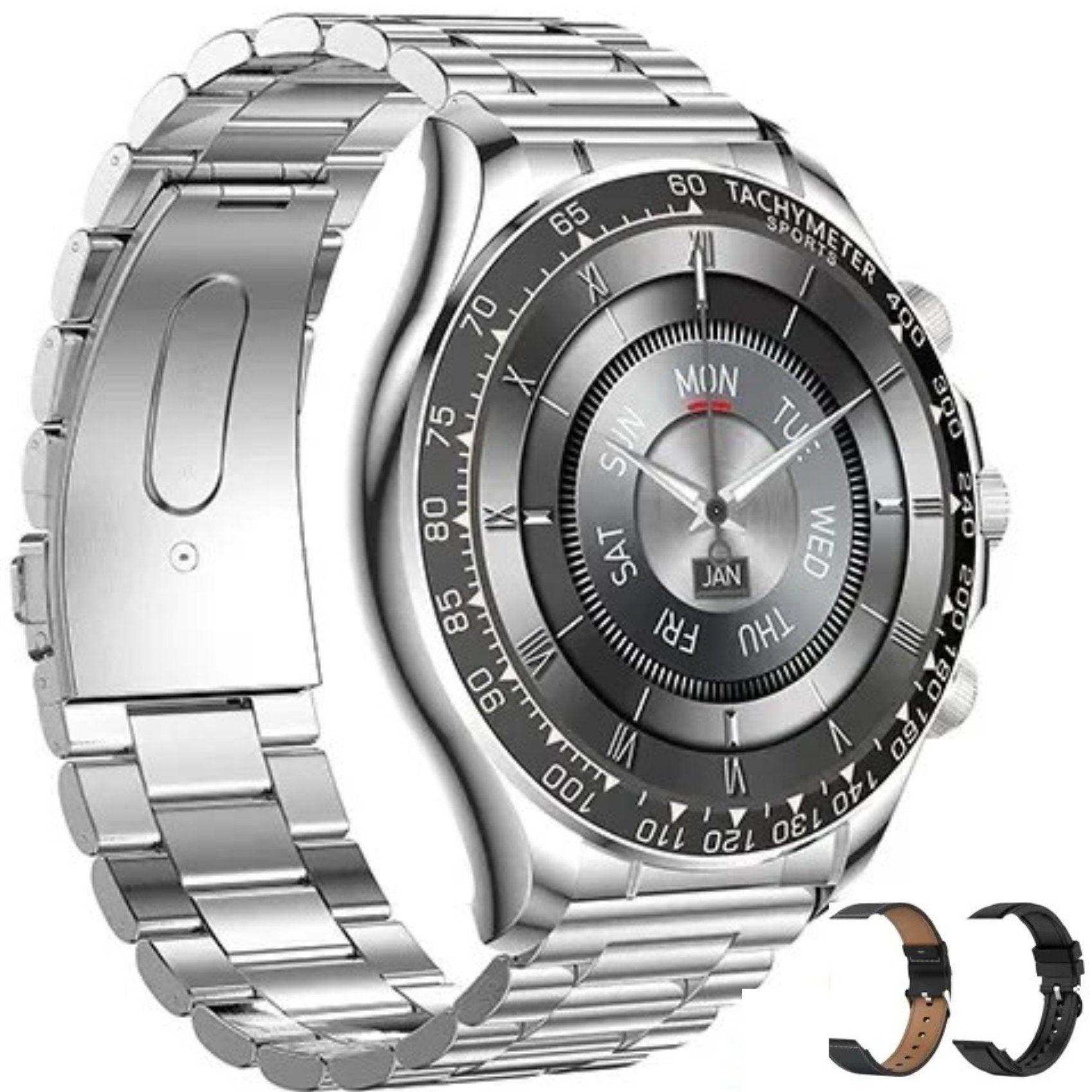 TUTT Classic Smartwatch for Men Metal Case | 1.55'' Large HD Screen IP67 Tactical Smart Watch with BT Call Pedometer Straps (Leather Metal) X108