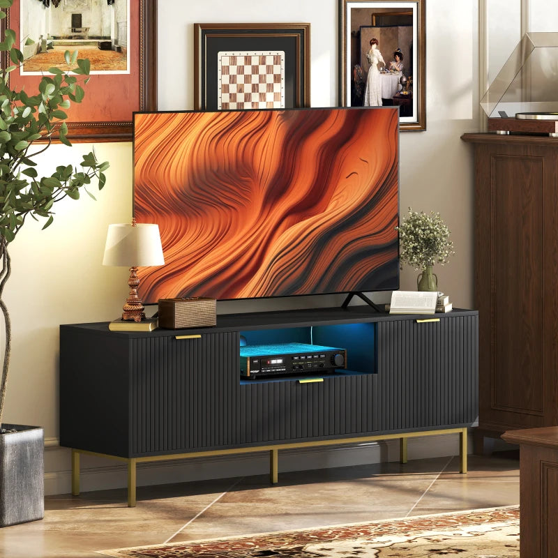 Modern TV Console for TVs up to 60 Inch, Entertainment Center with Smart RGB LED Lights and Soft Close Doors, Black