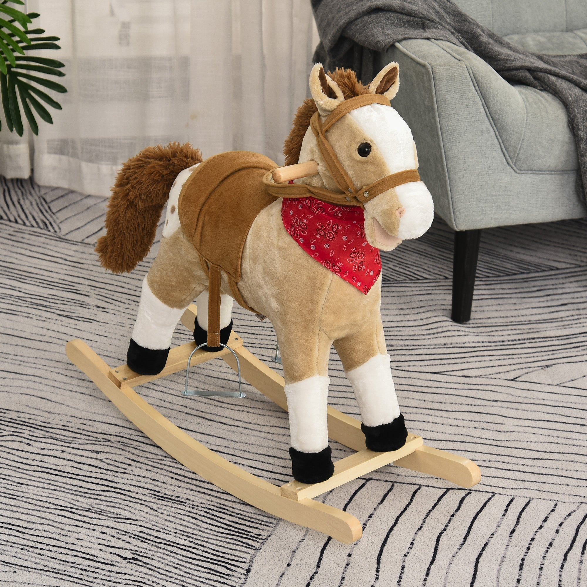 Qaba Kids Plush Ride-On Rocking Horse Toy Cowboy Rocker with Fun Realistic Sounds for Child 3-8 Years Old, Beige