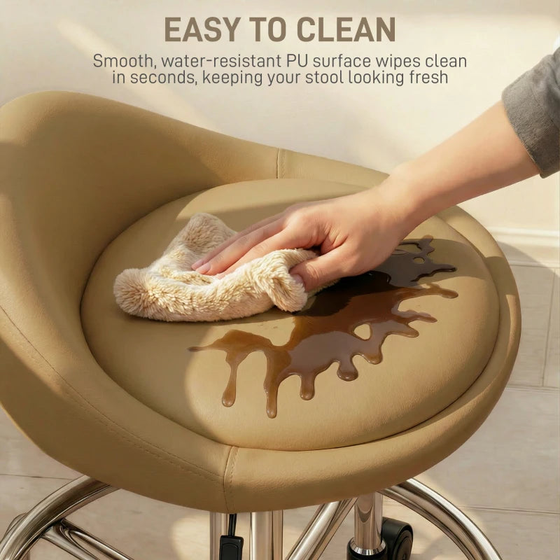 PU Leather Rolling Stool, Height Adjustable Swivel Salon Chair with Backrest and Foot Rest for Spa, Tattoo, Light Brown