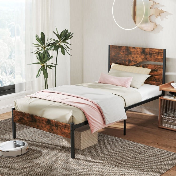 Twin/Full/Queen/King Metal Bed Frame with Wooden Headboard and Footboard-Twin Size