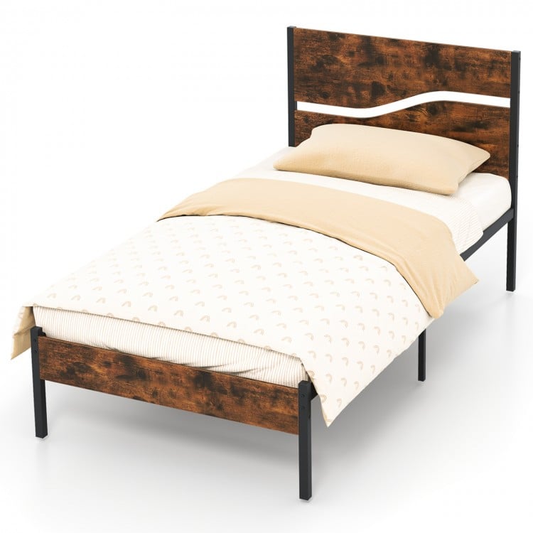 Twin/Full/Queen/King Metal Bed Frame with Wooden Headboard and Footboard-Twin Size