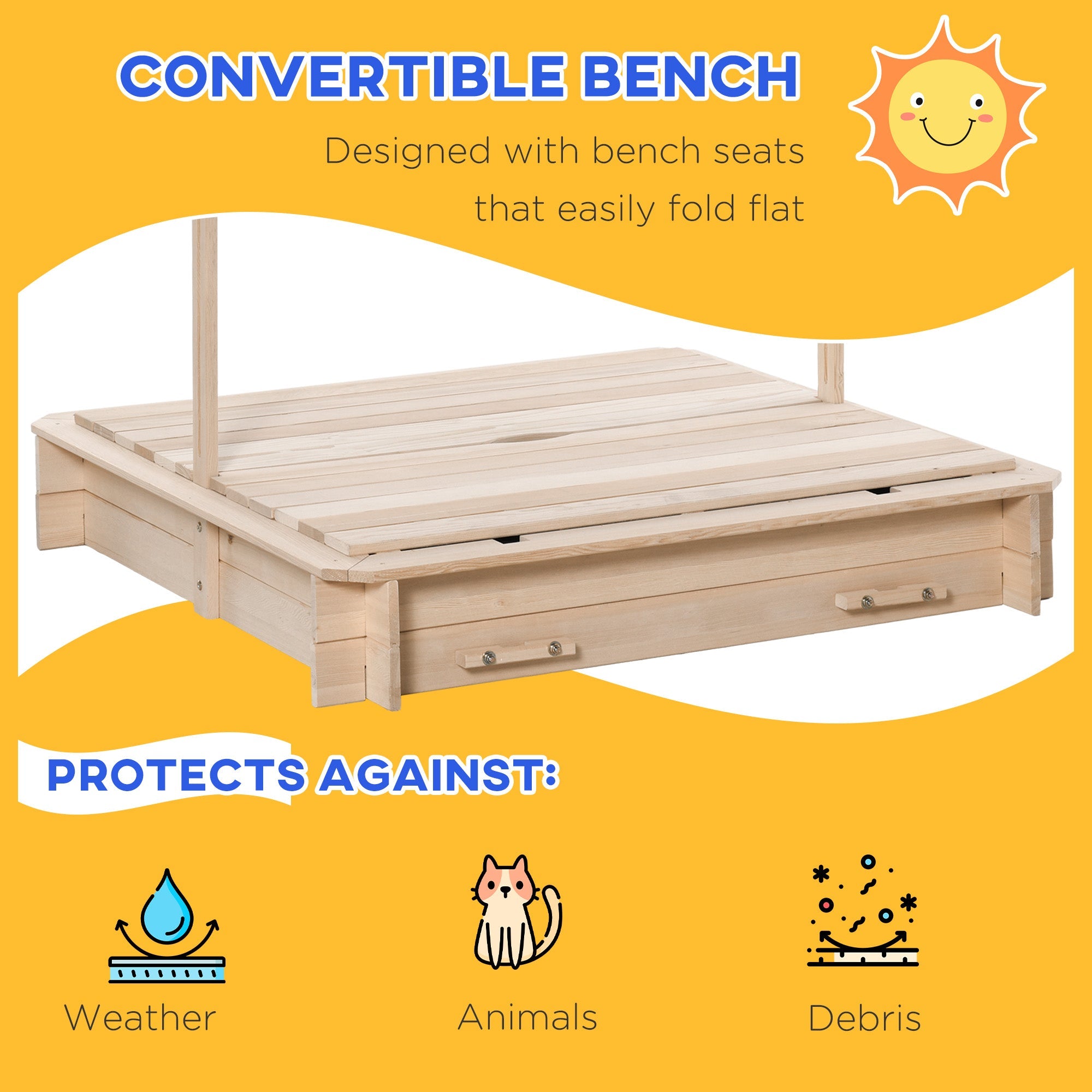 Outsunny Wooden Sandbox for Kids with Adjustable Canopy and Convertible Bench, Outdoor Playset - Sand
