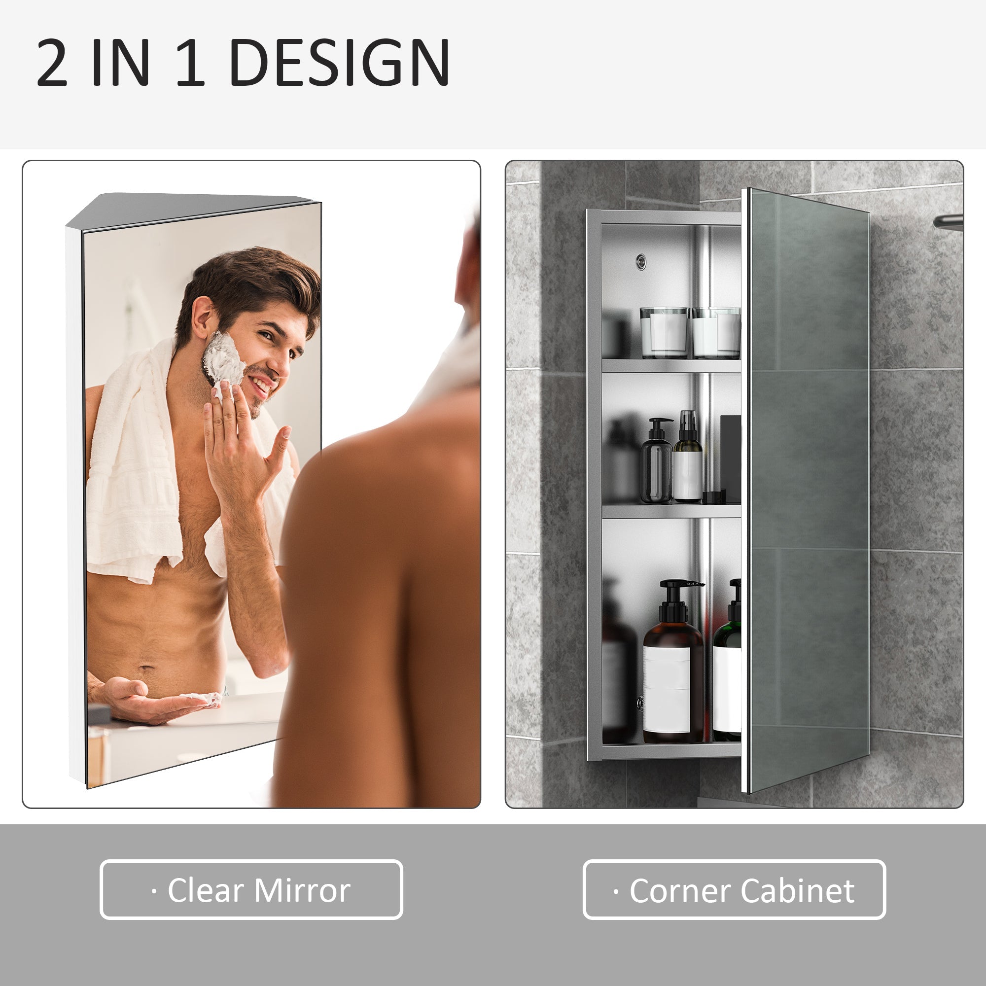 HOMCOM Sleek Corner Mirror Cabinet: Stainless Steel Wall Mounted Bathroom Storage with Single Door