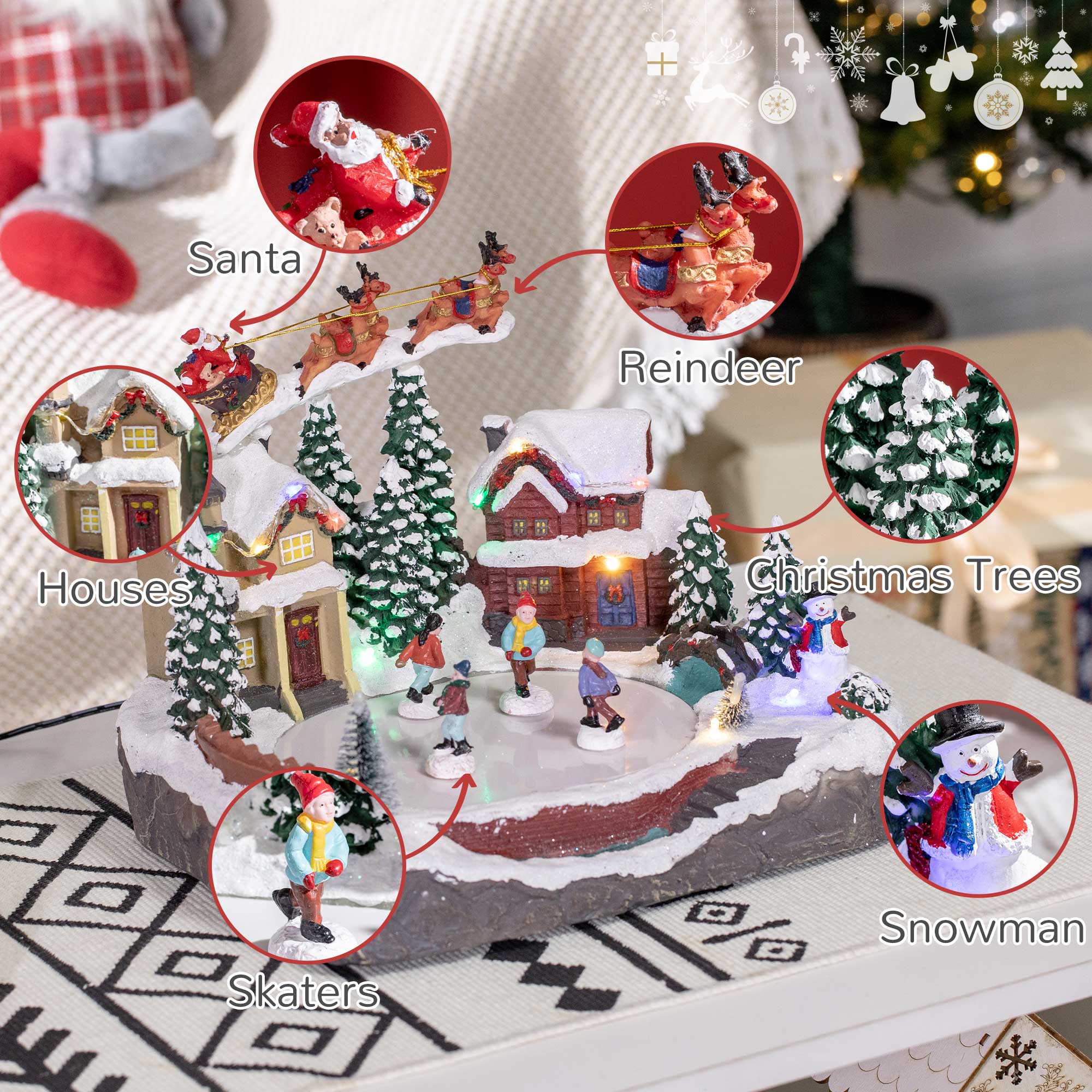 HOMCOM Christmas Village, Santa and Deer Skating Pond Animated Winter Wonderland Set with Multicolored LED Light, Christmas Decoration