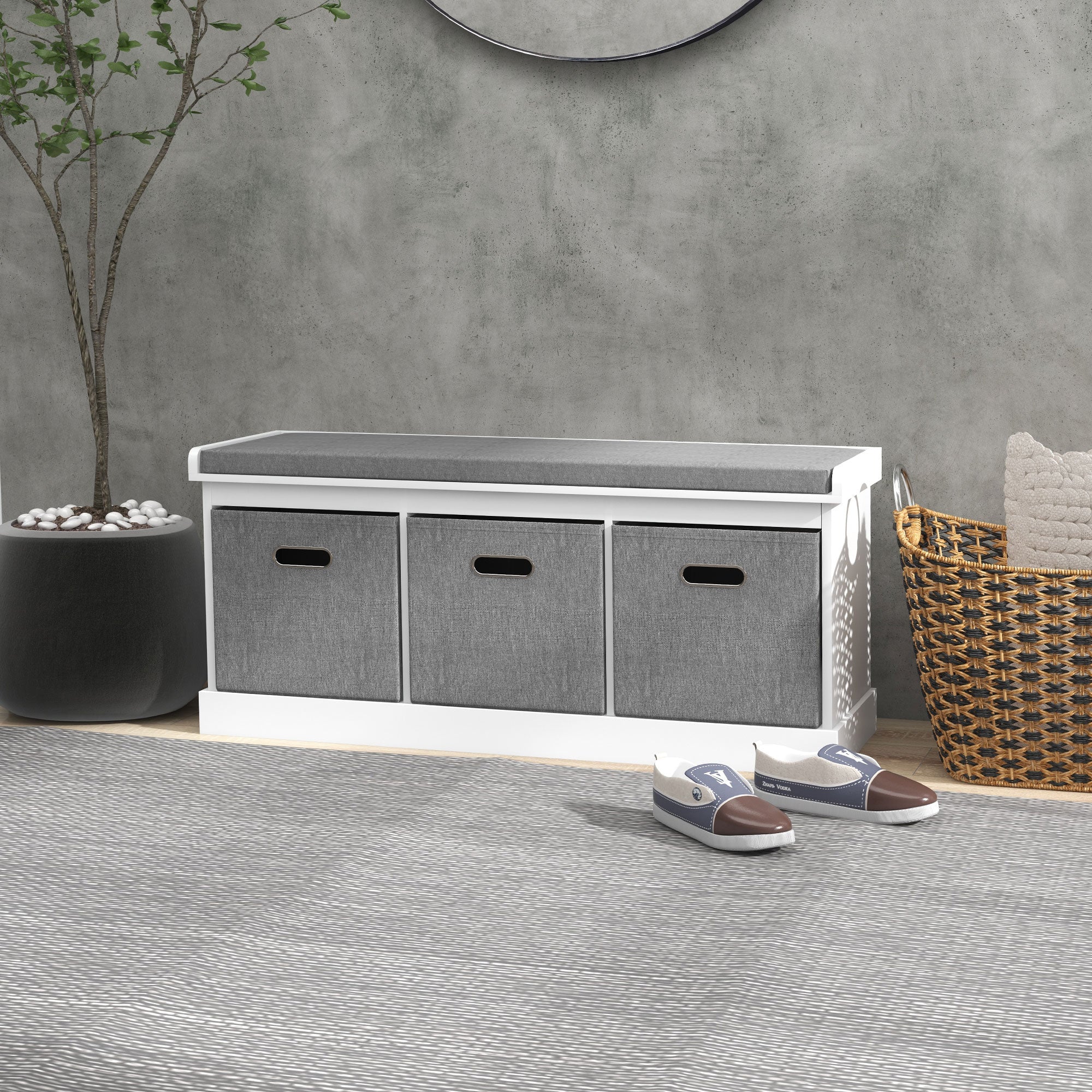 HOMCOM Shoe Storage Entryway Bench Seat with Cushion 3 Fabric Drawers for Hallway White