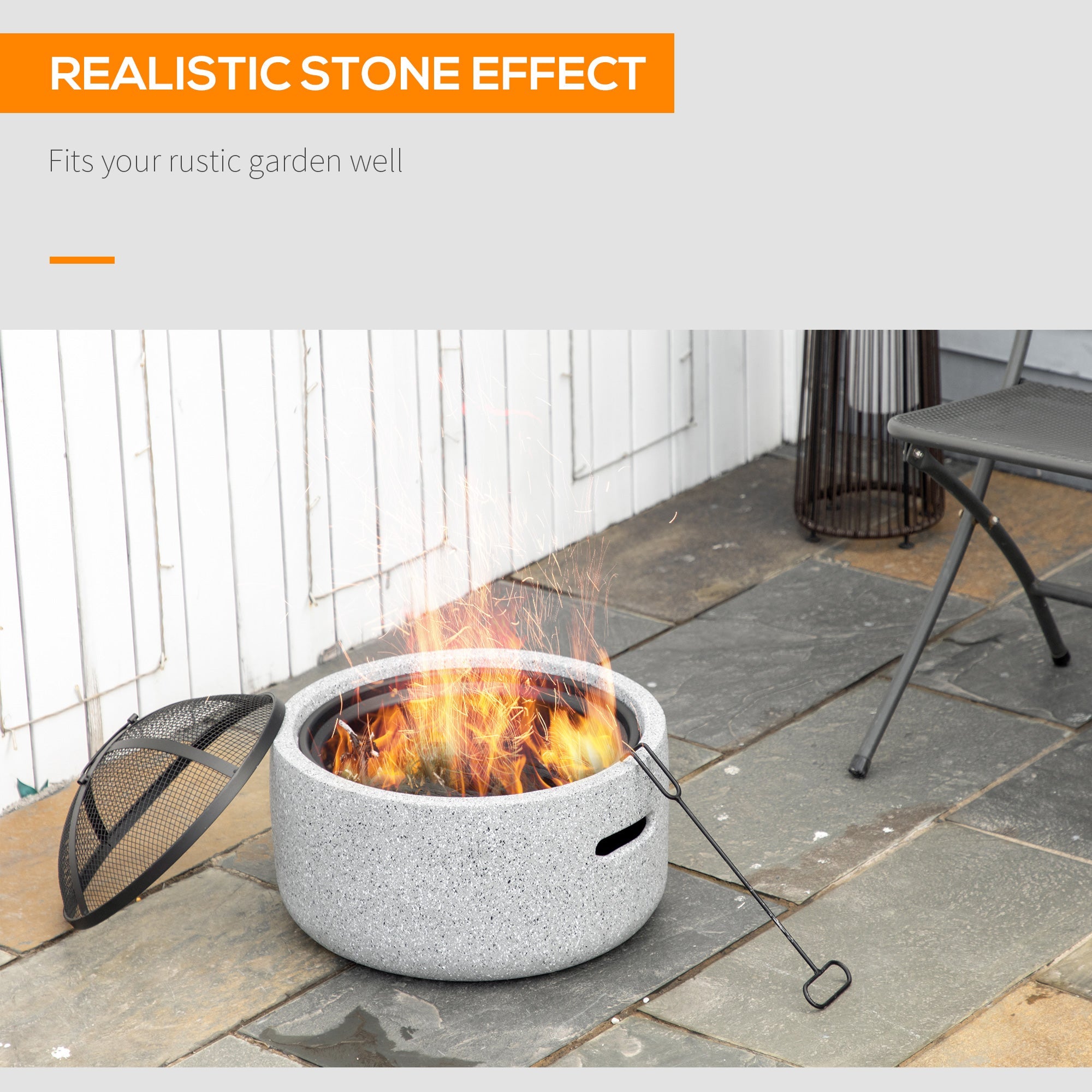 Outsunny 18" Round Outdoor Fire Pit Grey with Poker Spark Screen Wood-burning Bowl Handles Backyard Camping