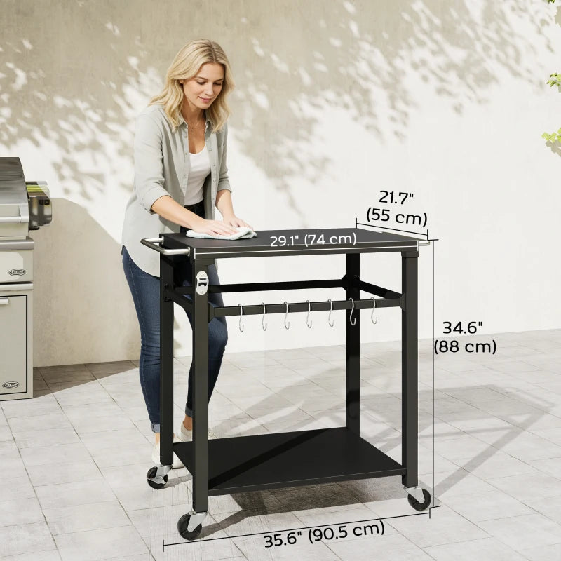 Outdoor Grill Cart, Pizza Oven Stand with Steel Top, 2-Tier Kitchen Prep Station with Hooks, Handle, Wheels, Black