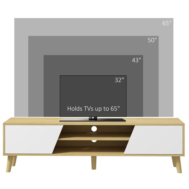TV Stand for 65 Inch Television, Entertainment Center with Soft Closing Door and Rubberwood Legs, Oak and White