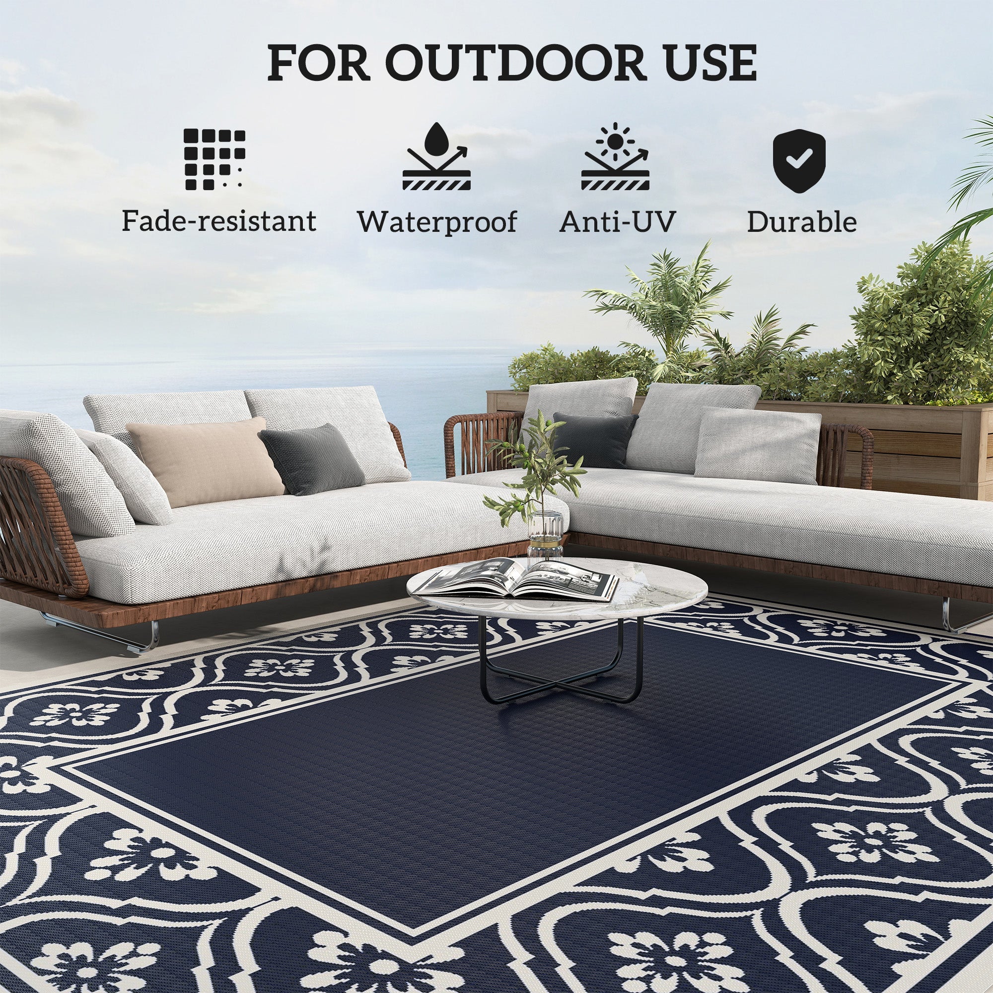 Outsunny 8' x 10' Outdoor RV Rug, Reversible Patio Floor Mat with Carry Bag, Gourd Border, Blue and White