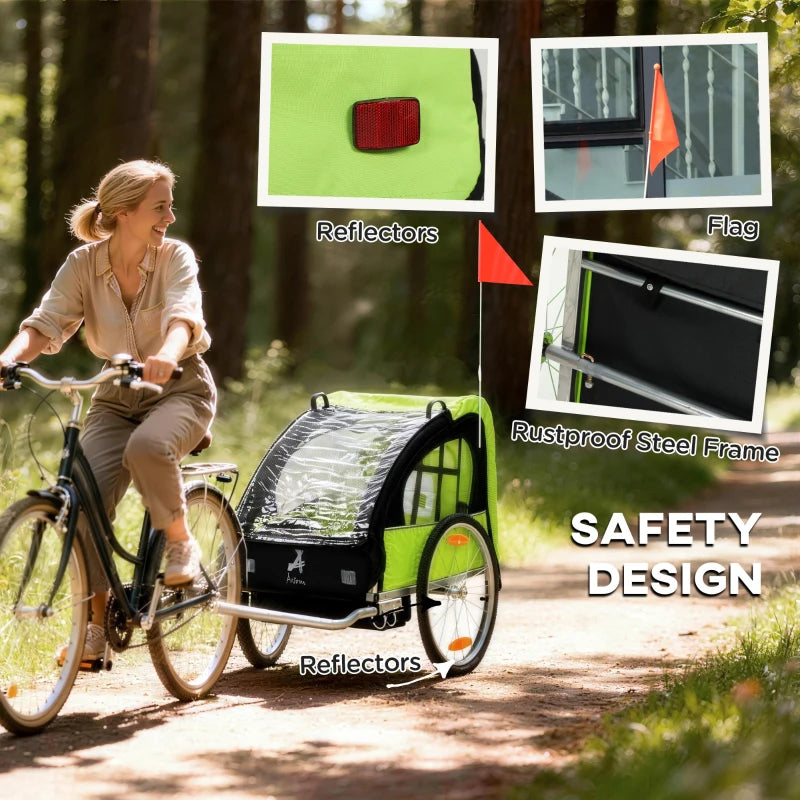 Aosom 2-Seat Child Bike Trailer for Kids with a Strong Steel Frame, 5-Point Safety Harnesses, & Comfortable Seat, Green