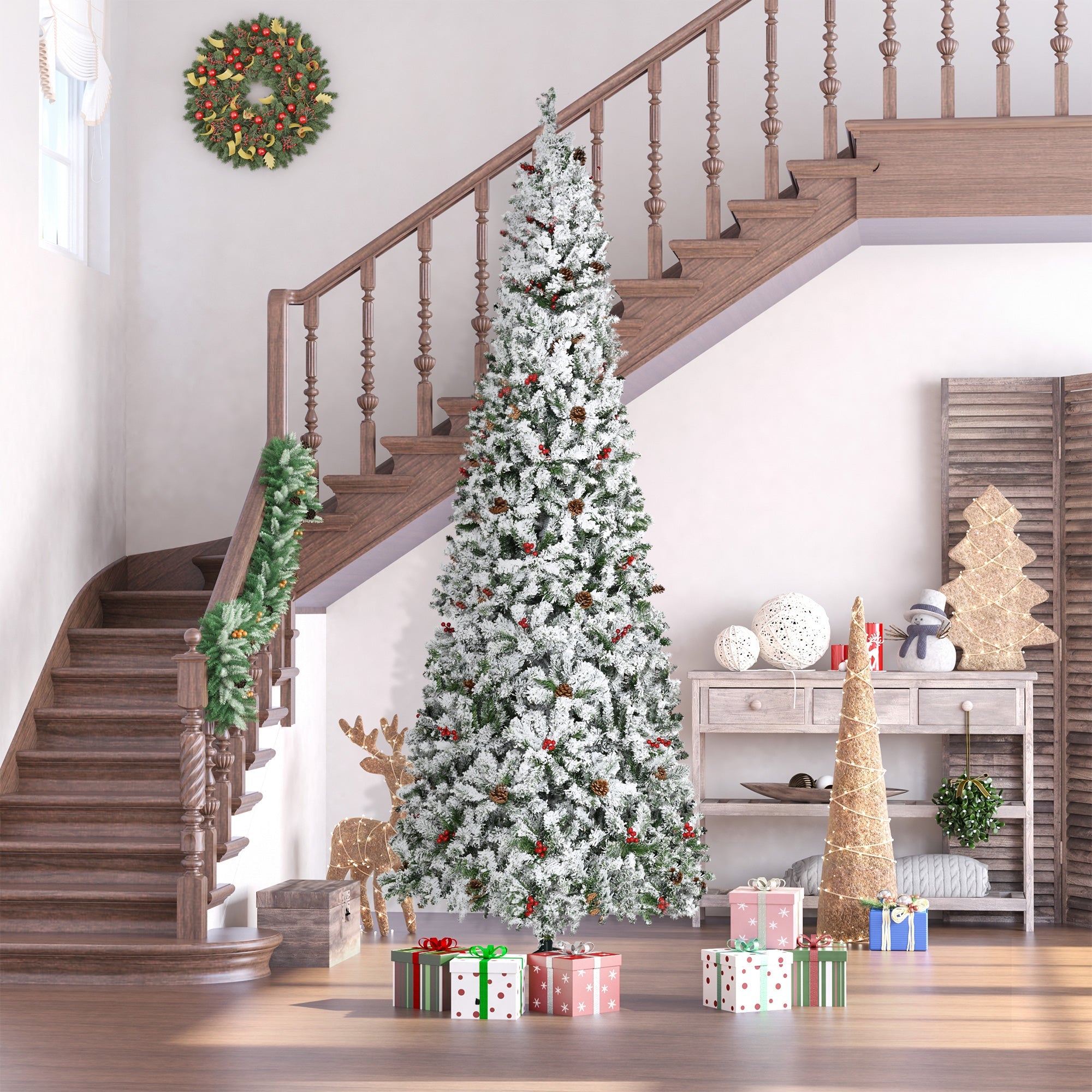 HOMCOM 9 Foot Pencil Snow Flocked Artificial Christmas Tree with 1350 Pine Realistic Branches, Pine Cones, Red Berries, Auto Open