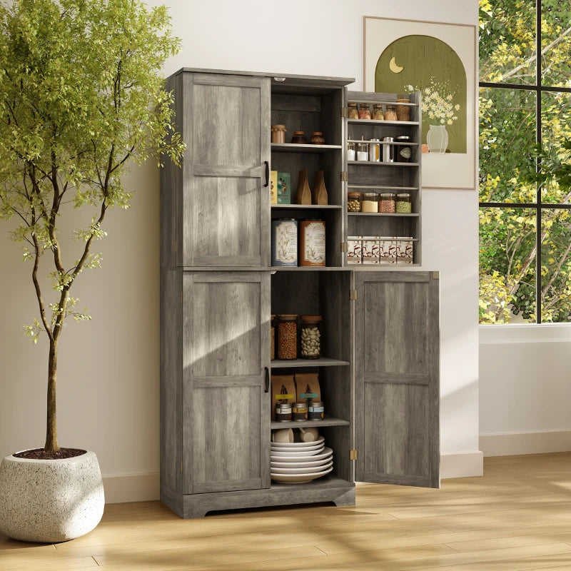 Farmhouse Kitchen Pantry Cabinet, Kitchen Cabinet with Barn Doors, Adjustable Shelves and Door Racks, Distressed Grey