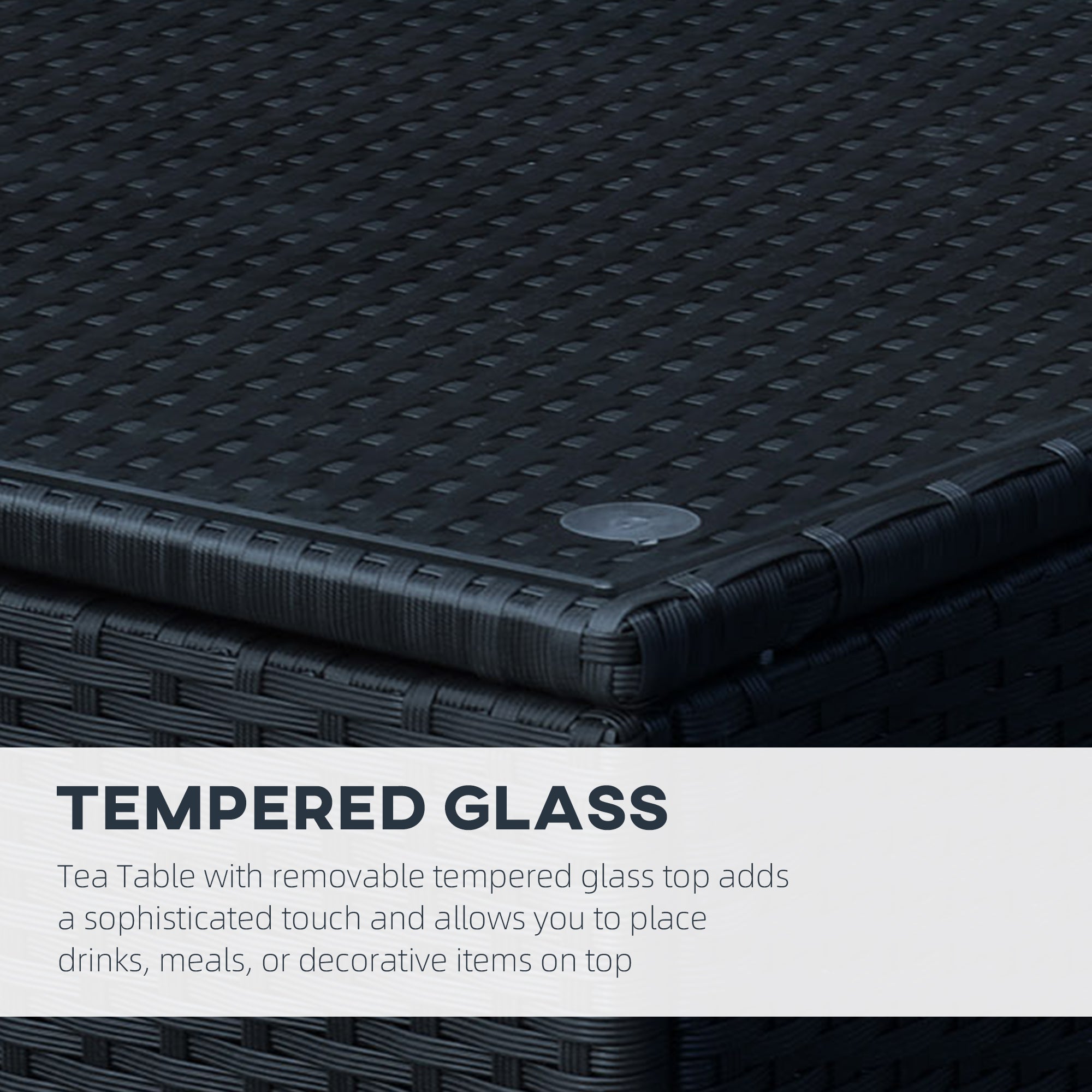 Outsunny Rattan Wicker Side Coffee Table w Glass Top Outdoor Patio Furniture Black