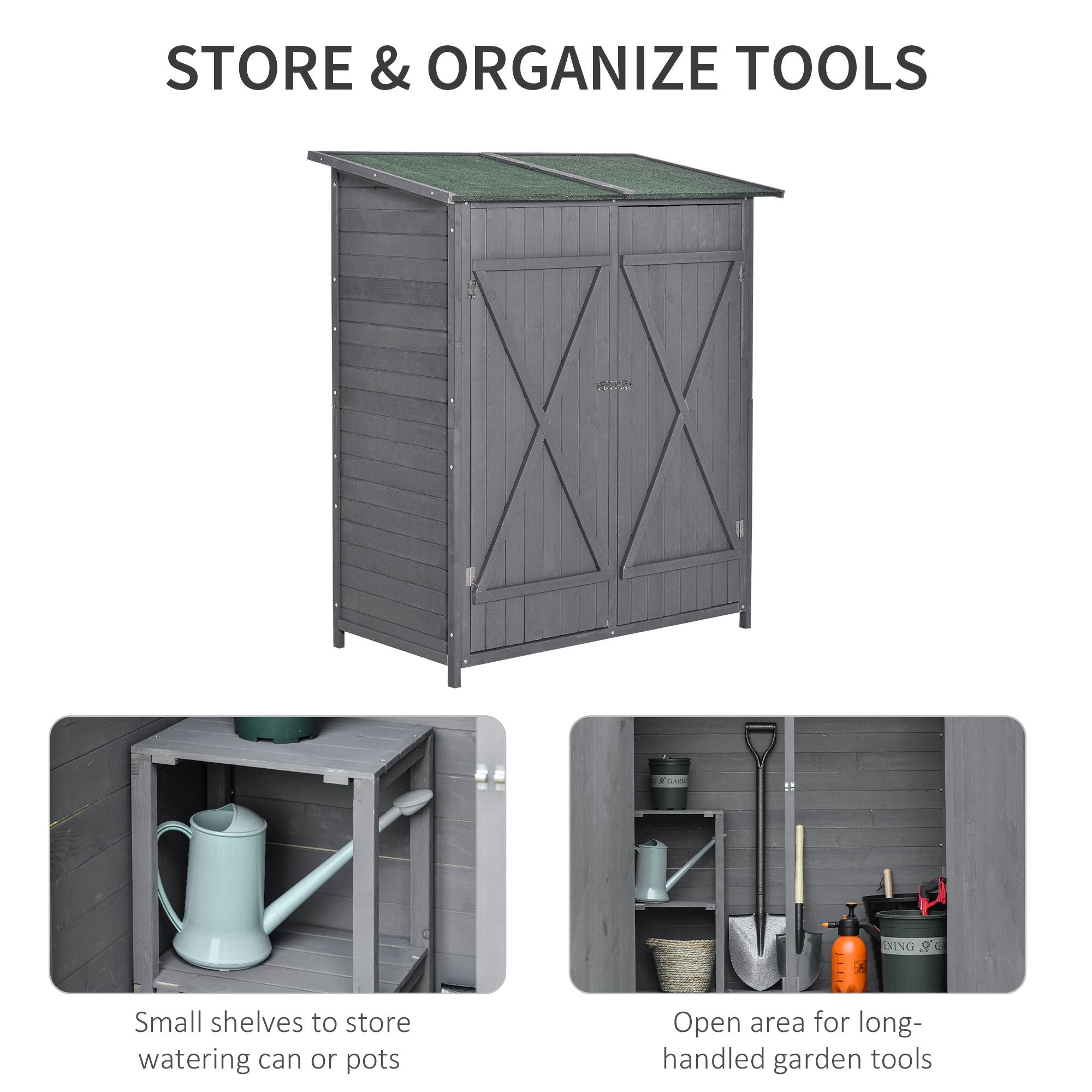 Outsunny Wooden Garden Shed Asphalt Roof Double Door Outdoor Storage Shelf Green Grey