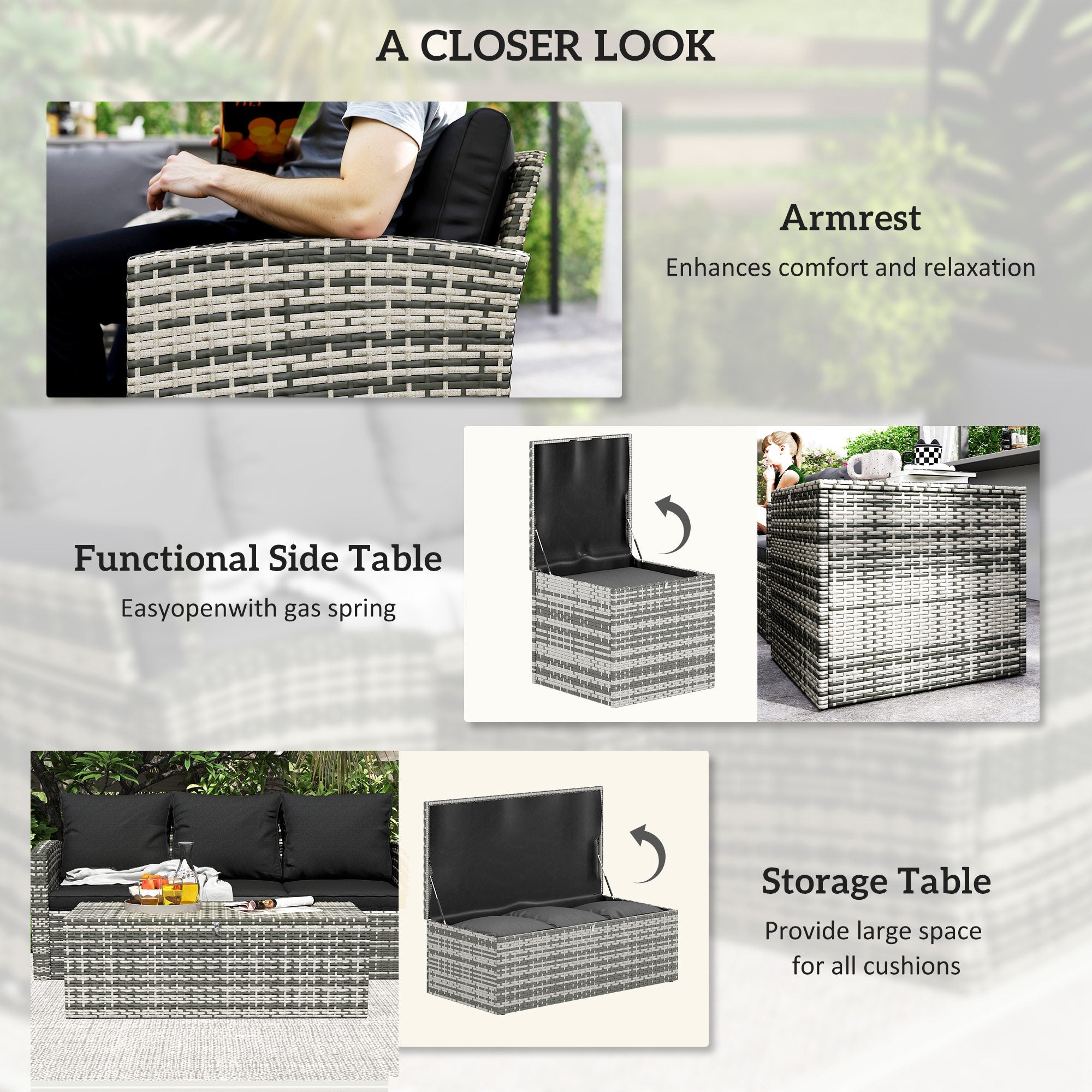 Outsunny 6 Piece Patio Furniture Set, Rattan Wicker Patio Sofa Set Sectional Outdoor Conversation Sofa Set Storage Table & Cushions, Black