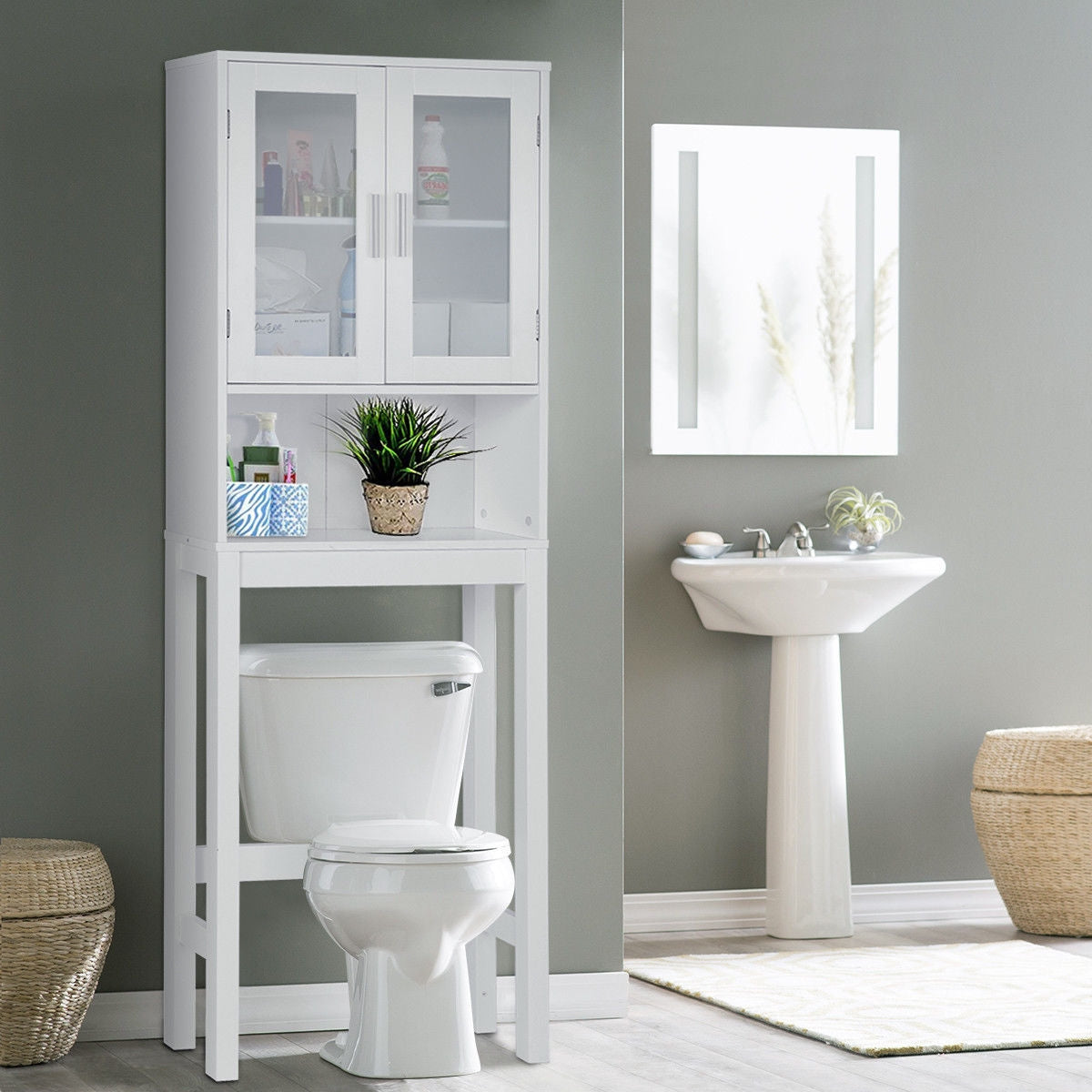 Wooden over the toilet Storage Cabinet with Tower RackÂ