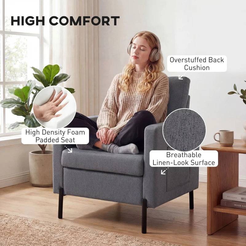 Accent Chair Modern Upholstered Armchair with Side Pockets and Cushion for Bedroom, Living Room, Dark Grey