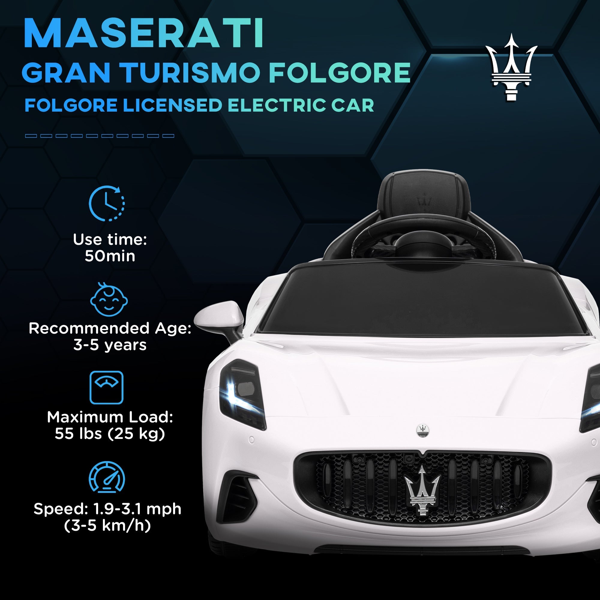 Qaba 12V Maserati Gran Turismo Licensed Kids Electric Car w/ Remote Control, Soft Start, LED Lights, Music, Horn, MP3, White