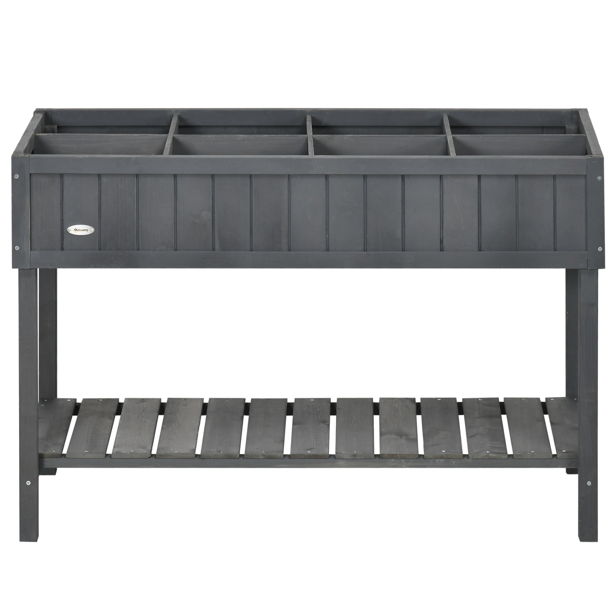 Outsunny 43.25" x 18" x 30" Raised Garden Bed, Wooden Plant Stand with 8 Grid Box, Storage Shelf for Outdoor, Dark Grey