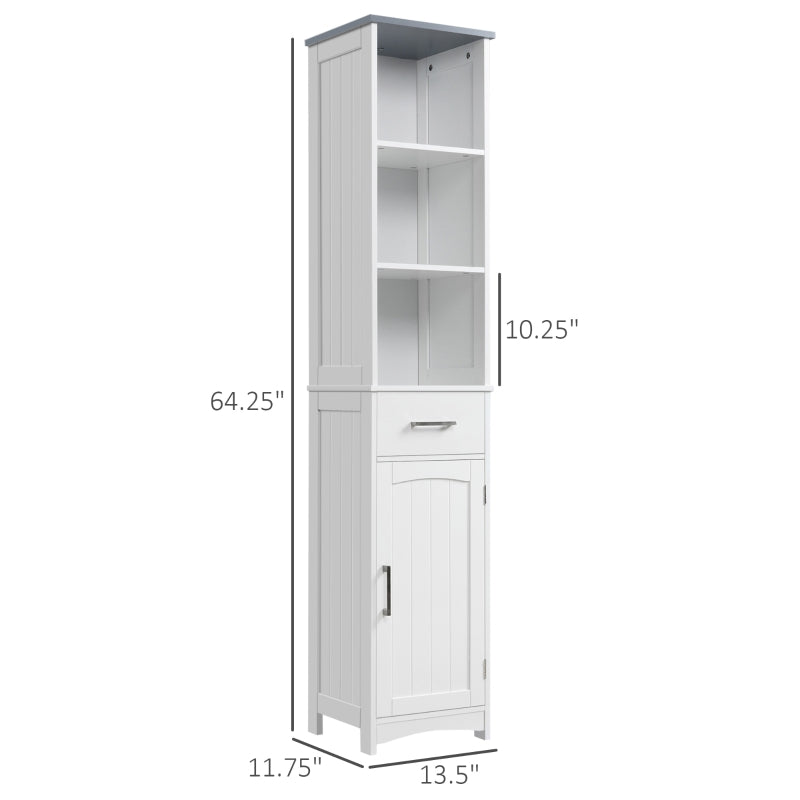 Tall Bathroom Storage Cabinet, Slim Bathroom Cabinet with 3 Tier Shelf, Drawer, Door, Freestanding Linen Tower, White