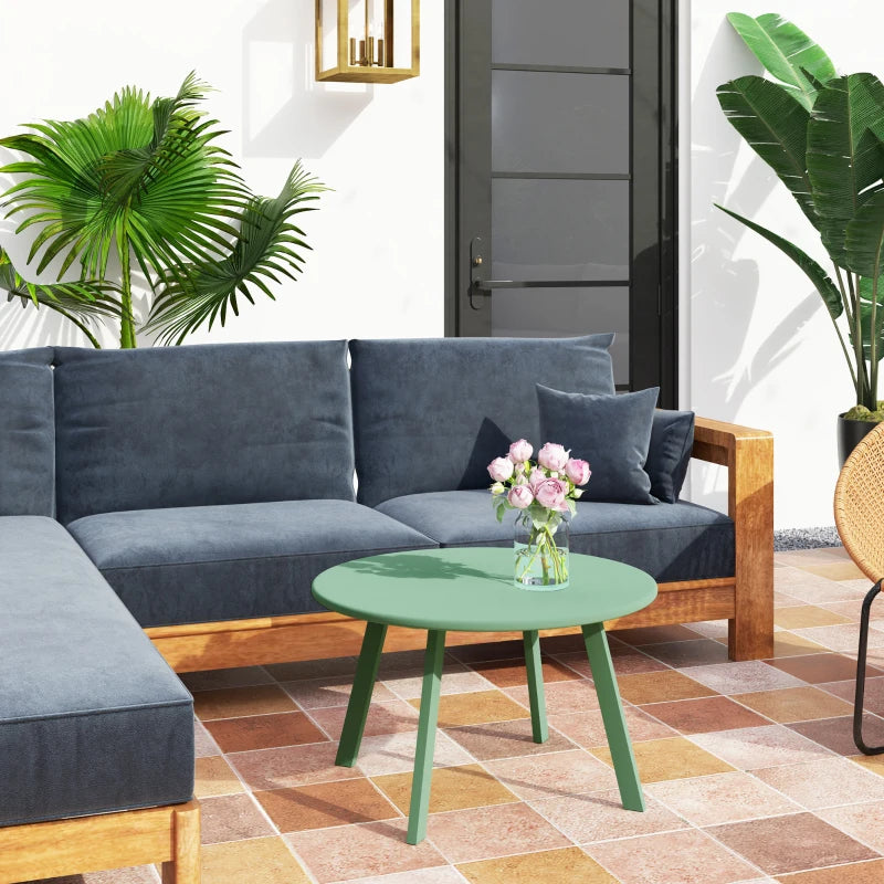 Round Outdoor Side Table, Patio Coffee Table with Metal Frame and Non-Slip Foot Pads, Green