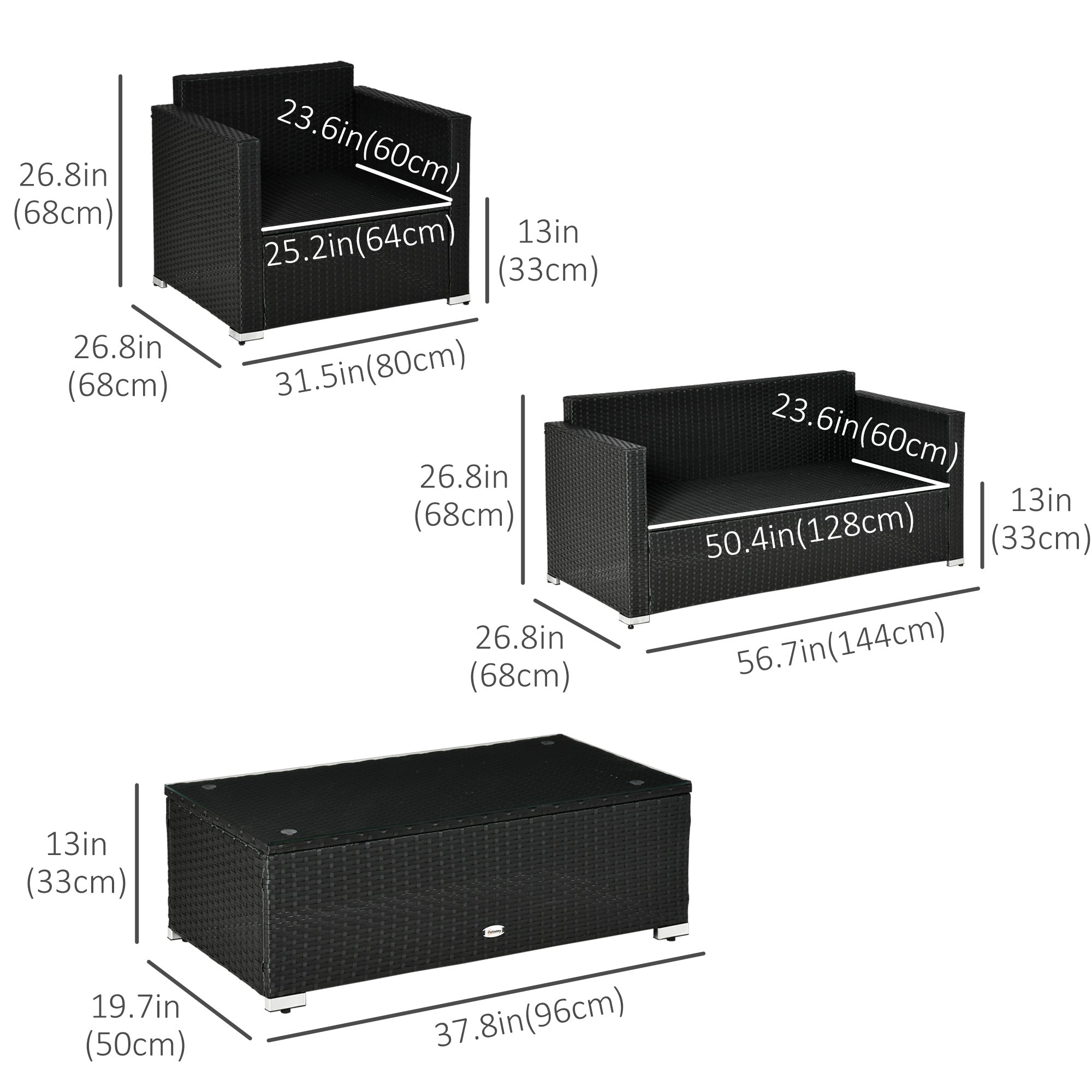 Outsunny 4PC Sky Blue Patio Wicker Sofa Set Outdoor PE Rattan Conversation Furniture with Tempered Glass Table-top