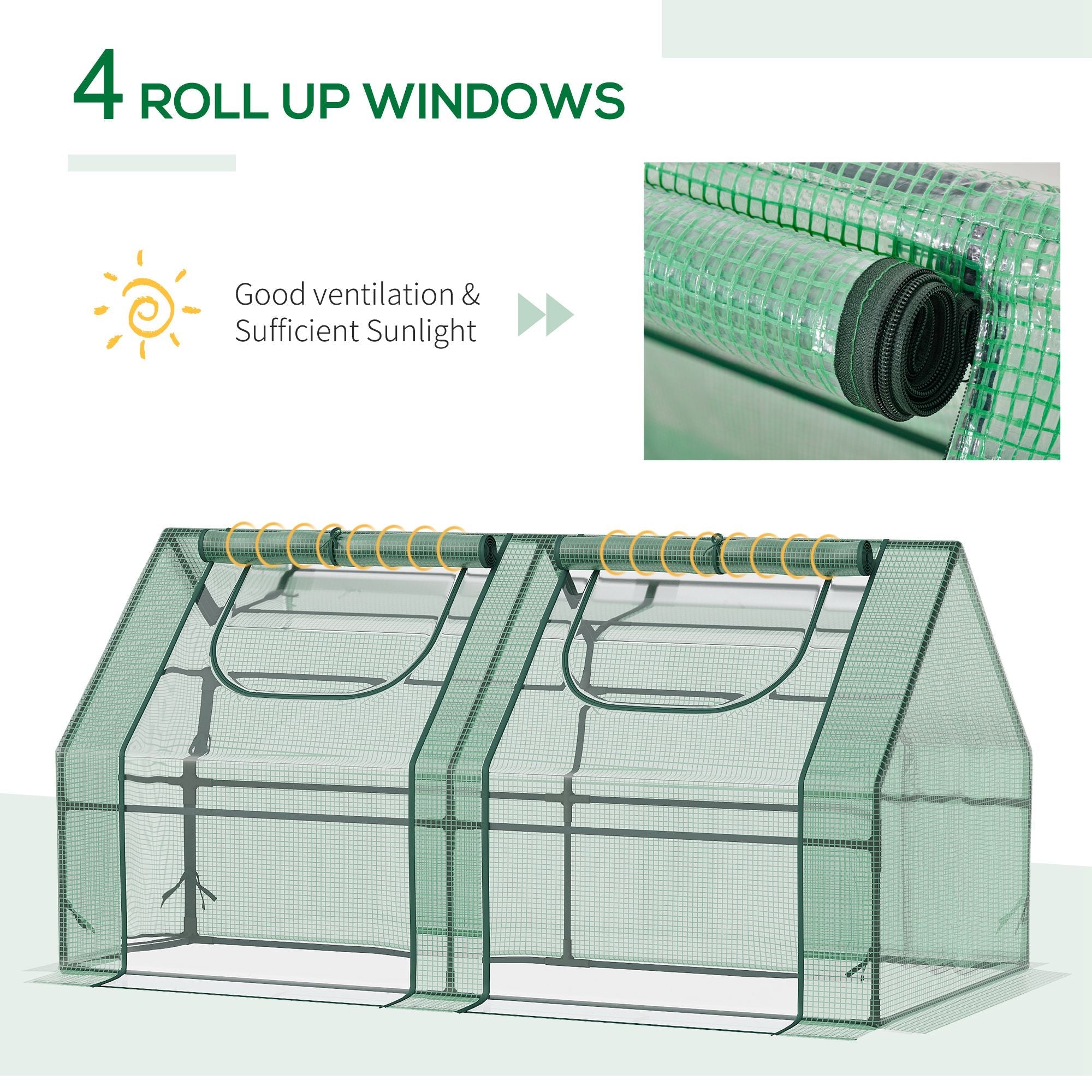 Outsunny 6' x 3' x 3' Portable Mini Greenhouse, Garden Green House Kit with 2 PE/Plastic Covers, Steel Frame and 2 Roll Up Zipper Windows, Dark Green