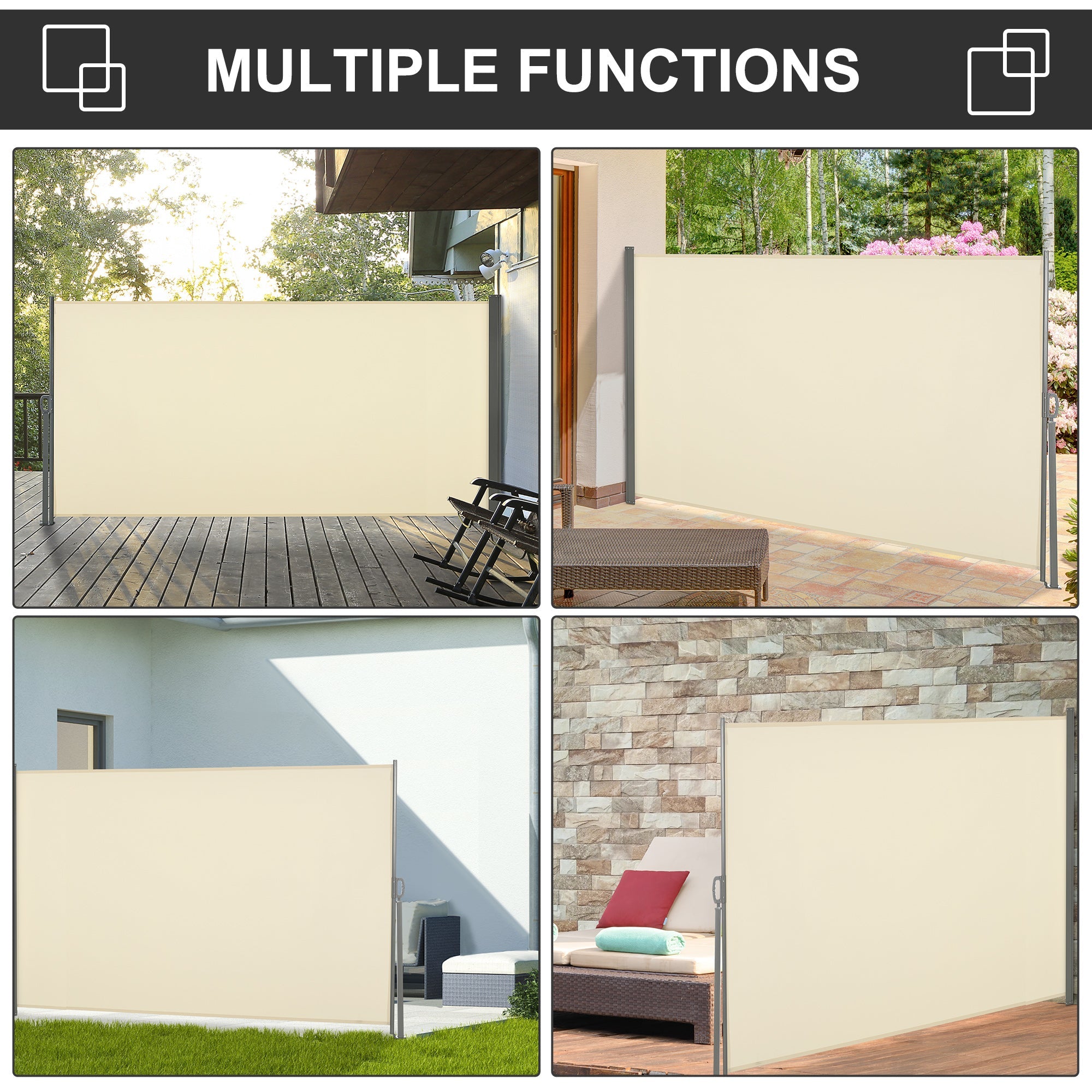 Outsunny Retractable Side Awning 118" x 63" UV Wind Resistant Outdoor Privacy Screen Folding Patio Cream White