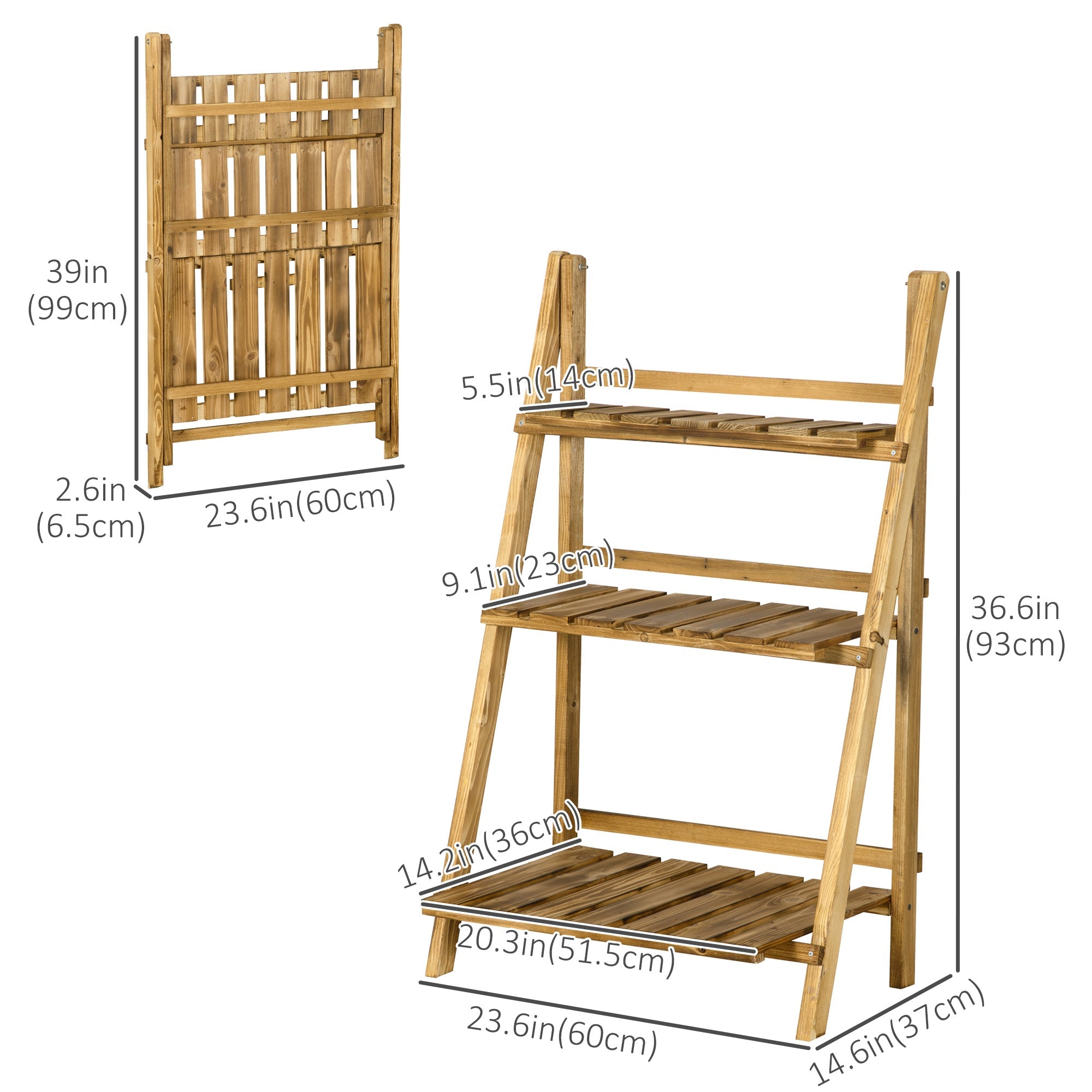 Outsunny Foldable 3-Tier Wooden Plant Stand, 24"x14"x37", for Garden & Indoor Use - Display Plants Beautifully
