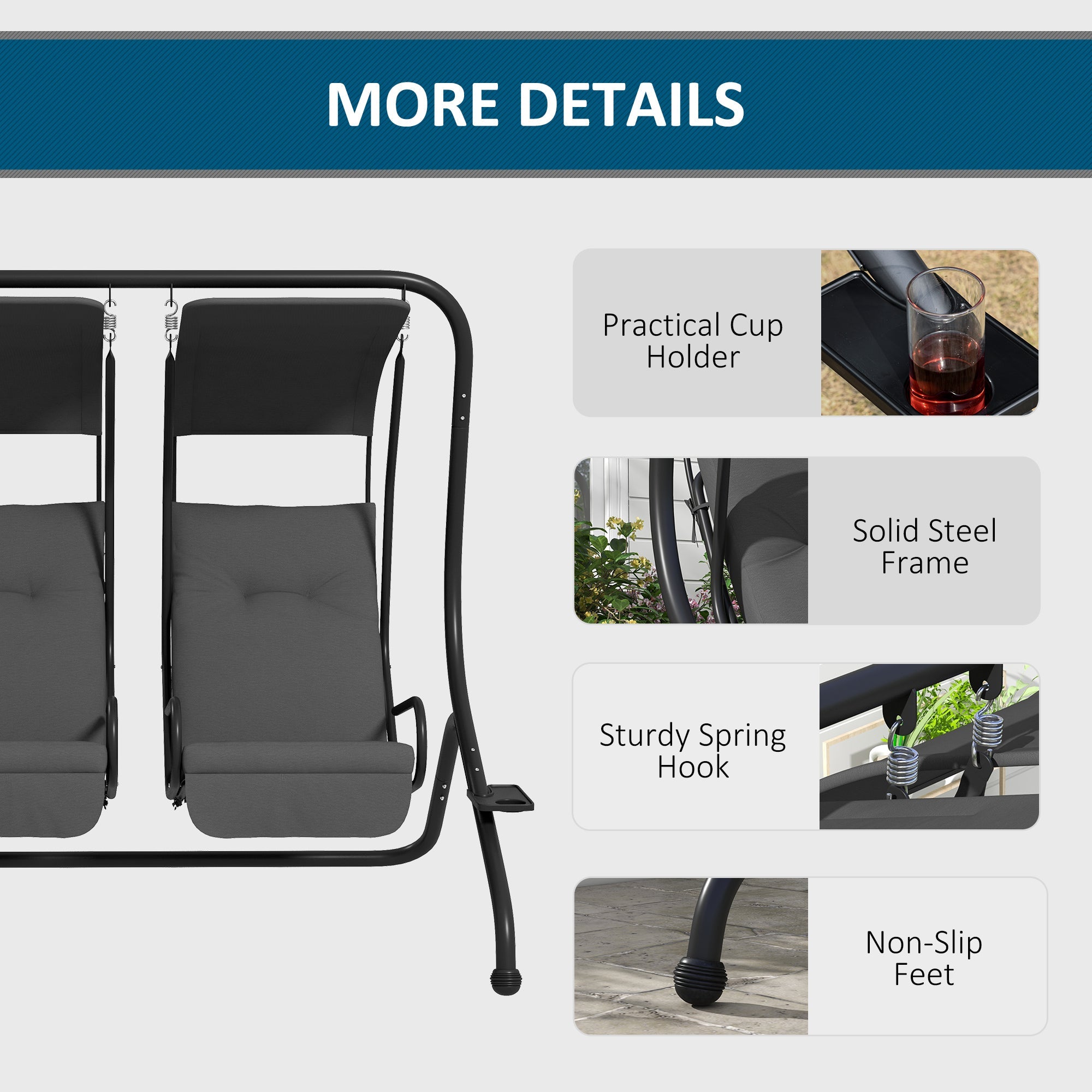 Outsunny 2-Seater Outdoor Porch Swing with Canopy, Patio Swing Chair for Garden, Poolside, Backyard, Grey