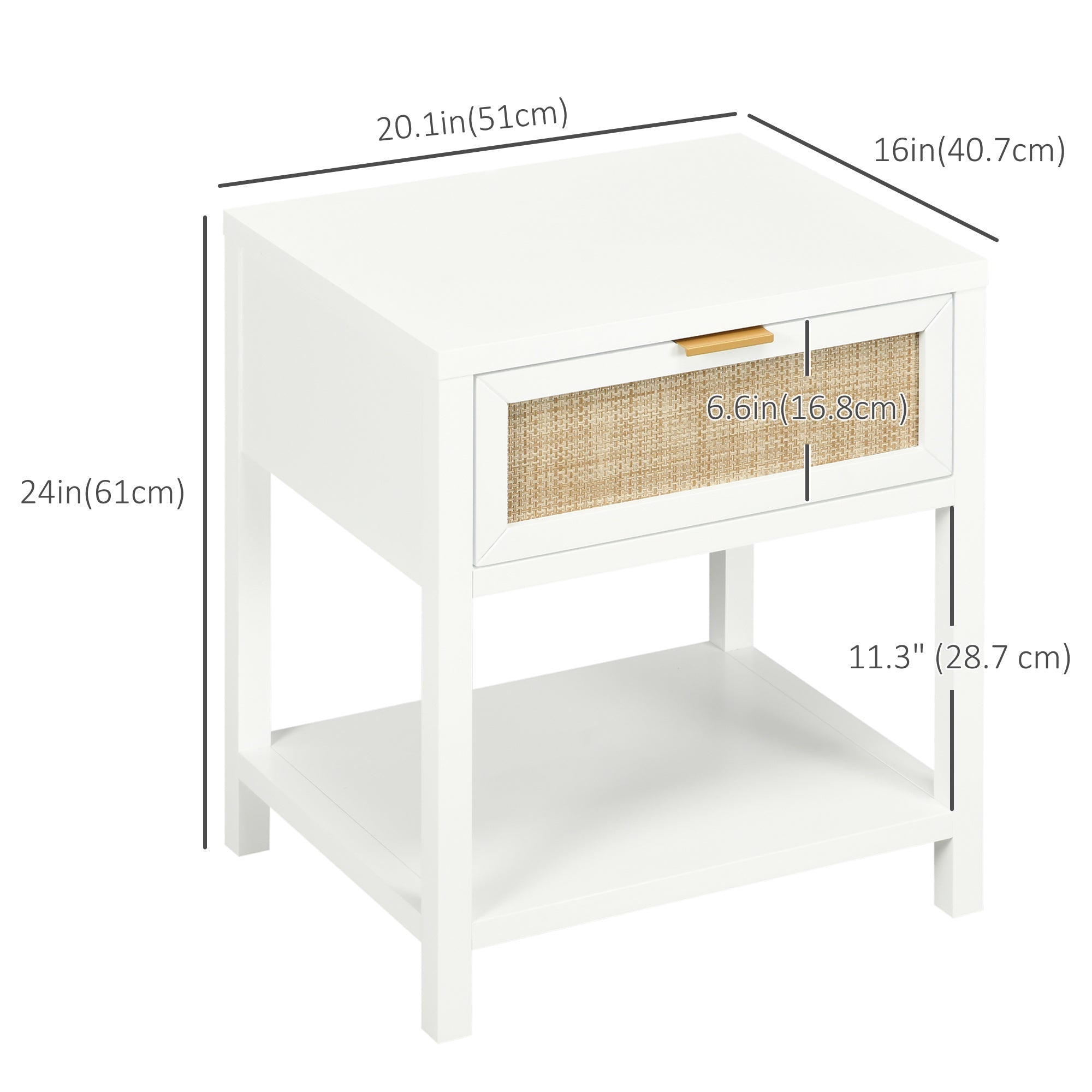 HOMCOM Rustic Retreat: Nightstand with Rattan Drawer and Open Shelf, Farmhouse Bedside Table for Bedroom and Living Room