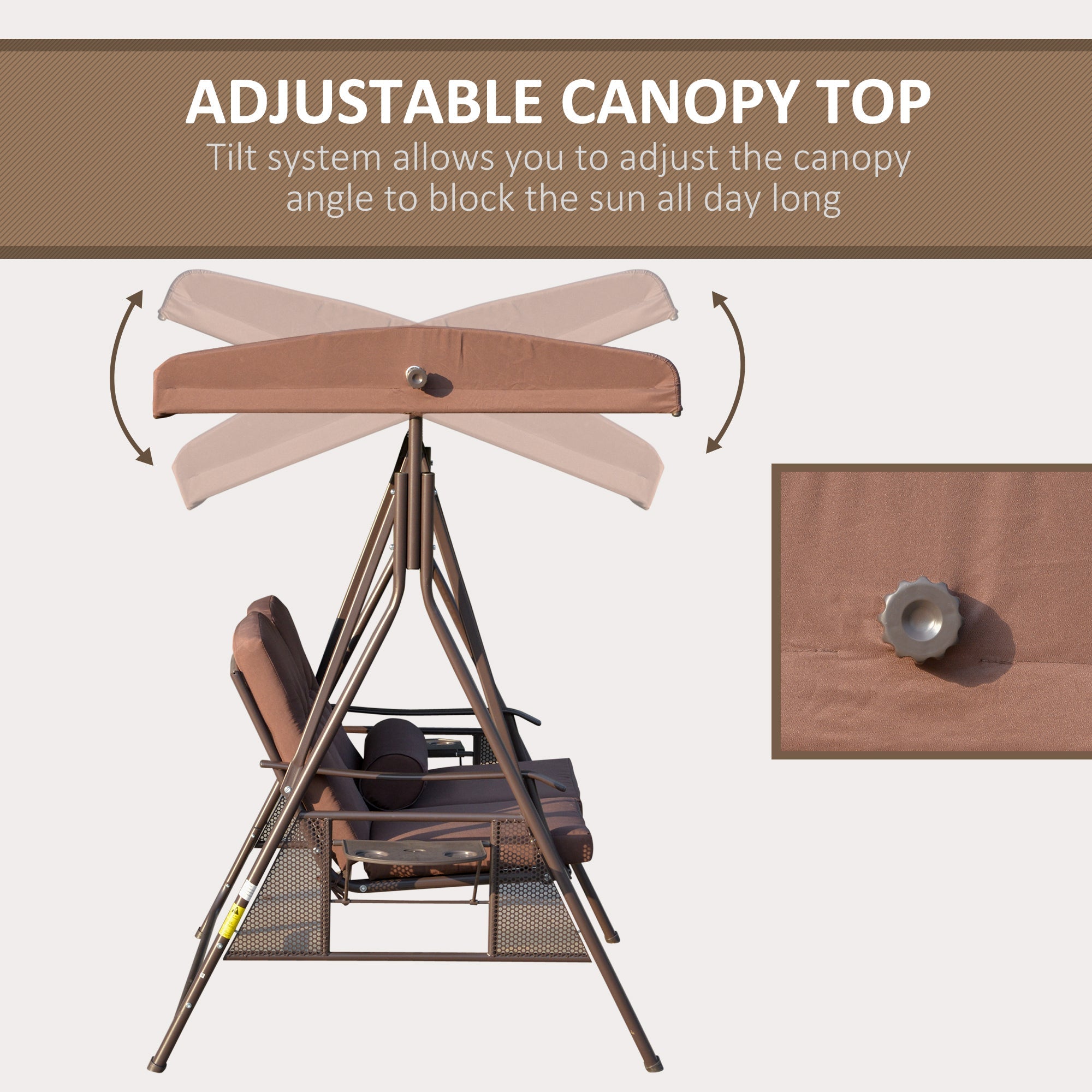 Outsunny Outdoor 2-Person Patio Swing Chair Canopy Adjustable Shade Cushions Pillow Tray Brown