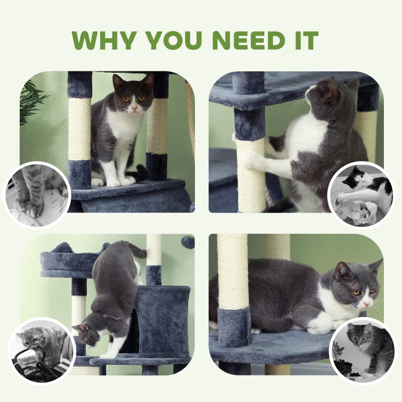 81" Large Cat Tree w/ Scratching Posts, Condos, Beds, Hammocks, Jumping Platforms, Toy Balls, Rope Cat Toy, Dark Grey
